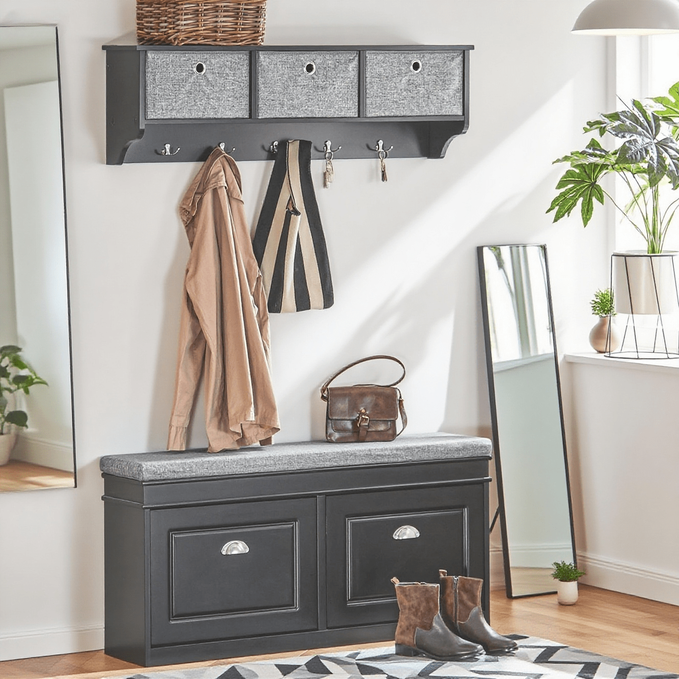 TEMU Wall Coat Rack, Hallway Coat Rack, Coat Hooks With 3 Baskets And 5 Hooks, Coat Rail, Hanging Shelf For Hallway, Bedroom, Bathroom, Black, .