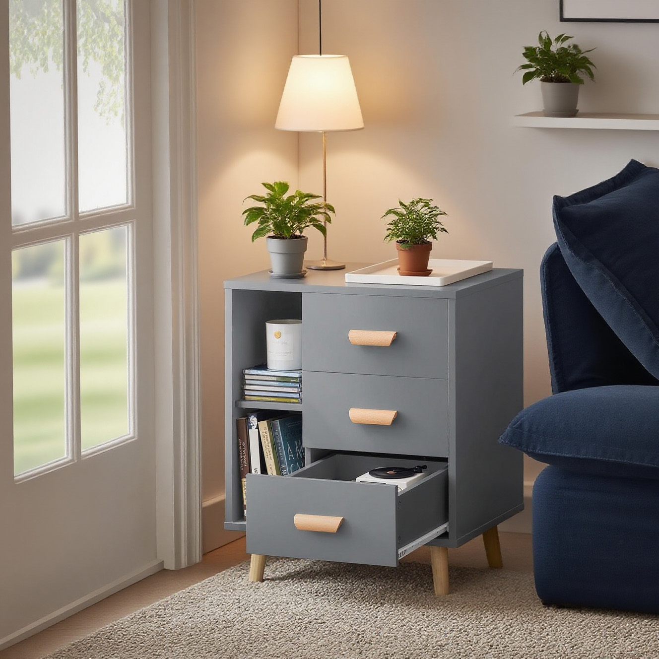 Image of Nightstand With 3 Drawers And 2 Shelves, Modern Bedside Table, Storage Cabinet For Bedroom, Table B48 X T40 X H60 Cm Gray Fbt95-hg