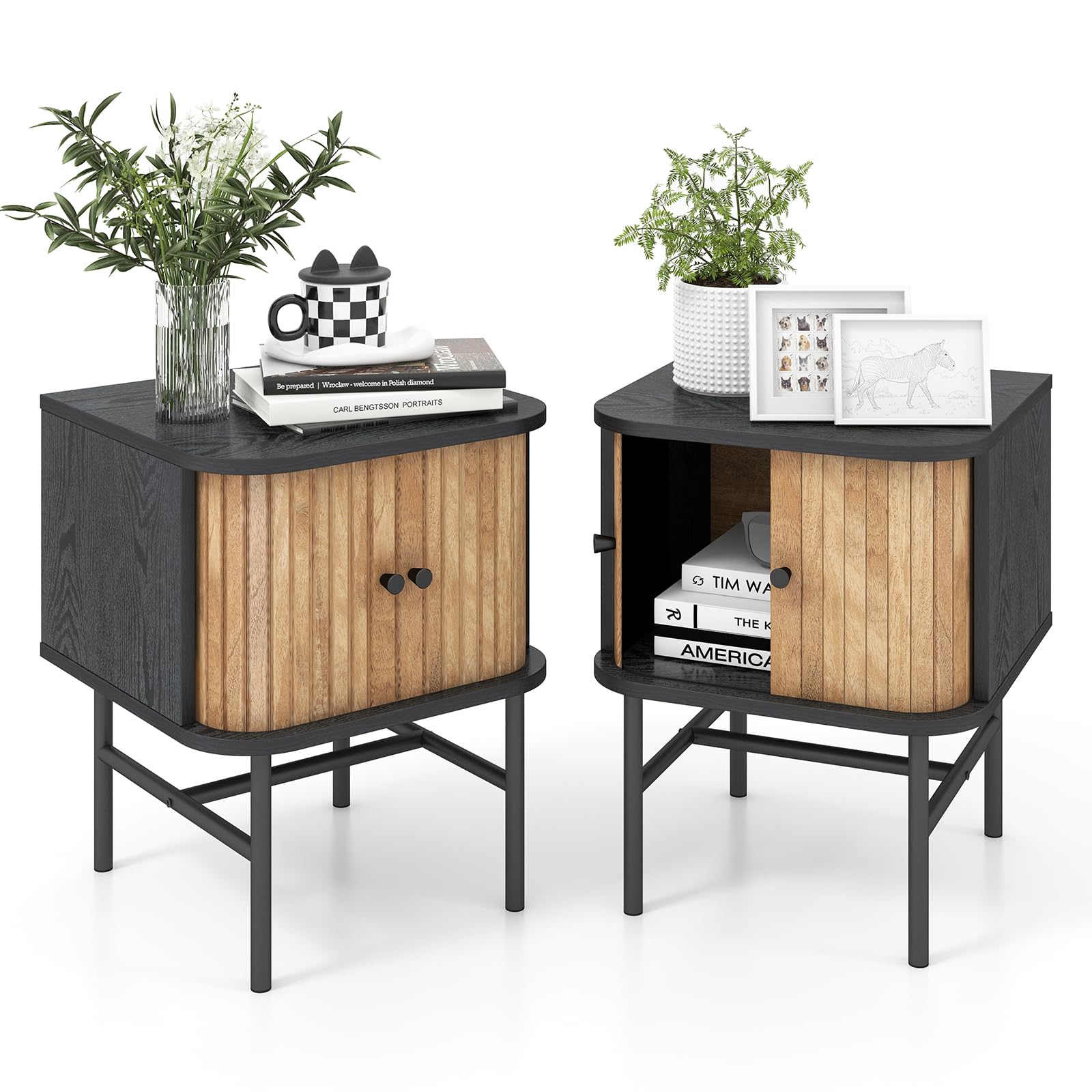 Image of Set Of 2 Nightstand With Sliding Doors, Mid-century Modern Bedside Table With Storage Cabinet, Floor Side Table With Metal Legs, Compact End Table For Living Room, Bedroom, Small Space, Black