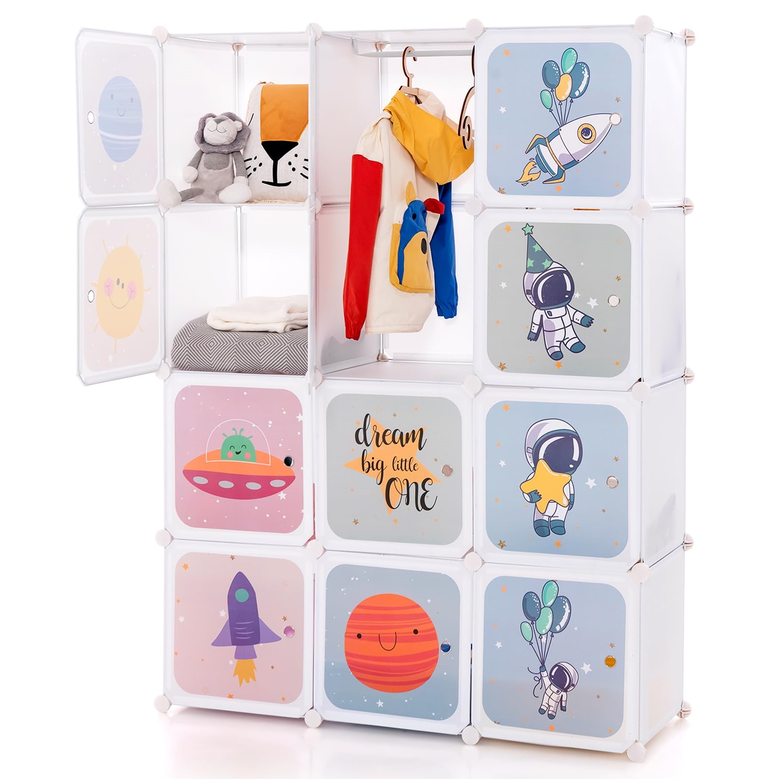Image of Kids' Wardrobe, Plastic Shelving System With 12 Cubes, Expandable Children's Shelf With Doors & 2 Hangers, Cute Storage Cabinet For Kids' Room, Playroom (white)