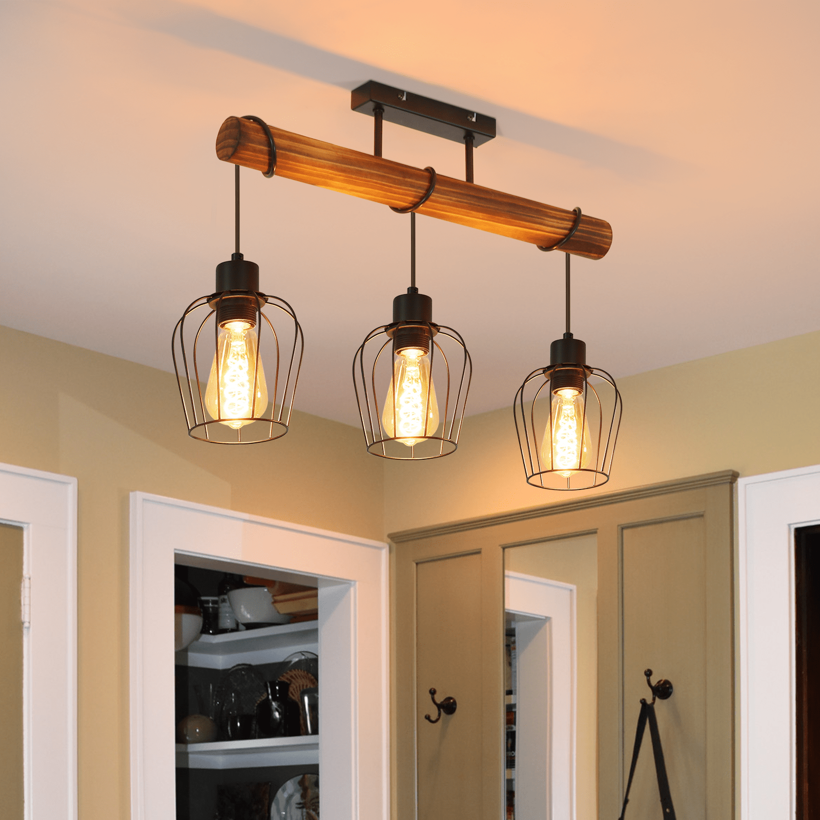Image of Commercial Retro Ceiling Light Vintage Ceiling Light, Wood, Living Room Lamp In With Height-adjustable Spotlights, Made Of Metal And Wood, Black, Socket: E27 - Without Bulb
