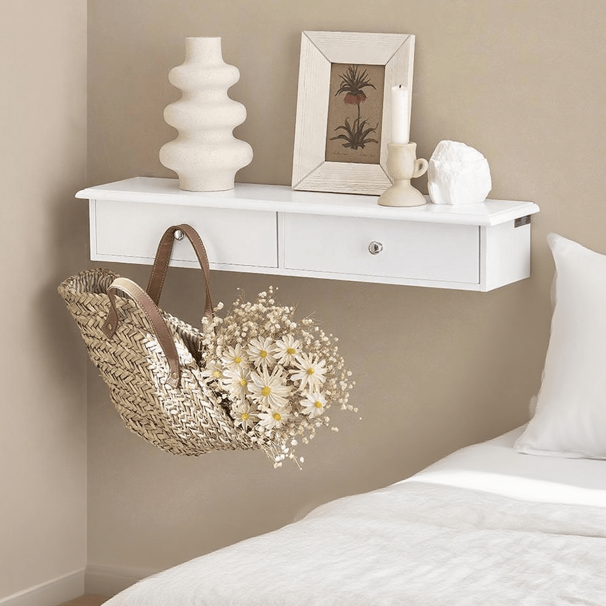 TEMU 1-piece Wall Shelf With 2 Drawers - Modern Wall Shelf For Entryway, Living Room, Kitchen & Bedroom - White 64x15x10cm - Sobuy Gsh54-x