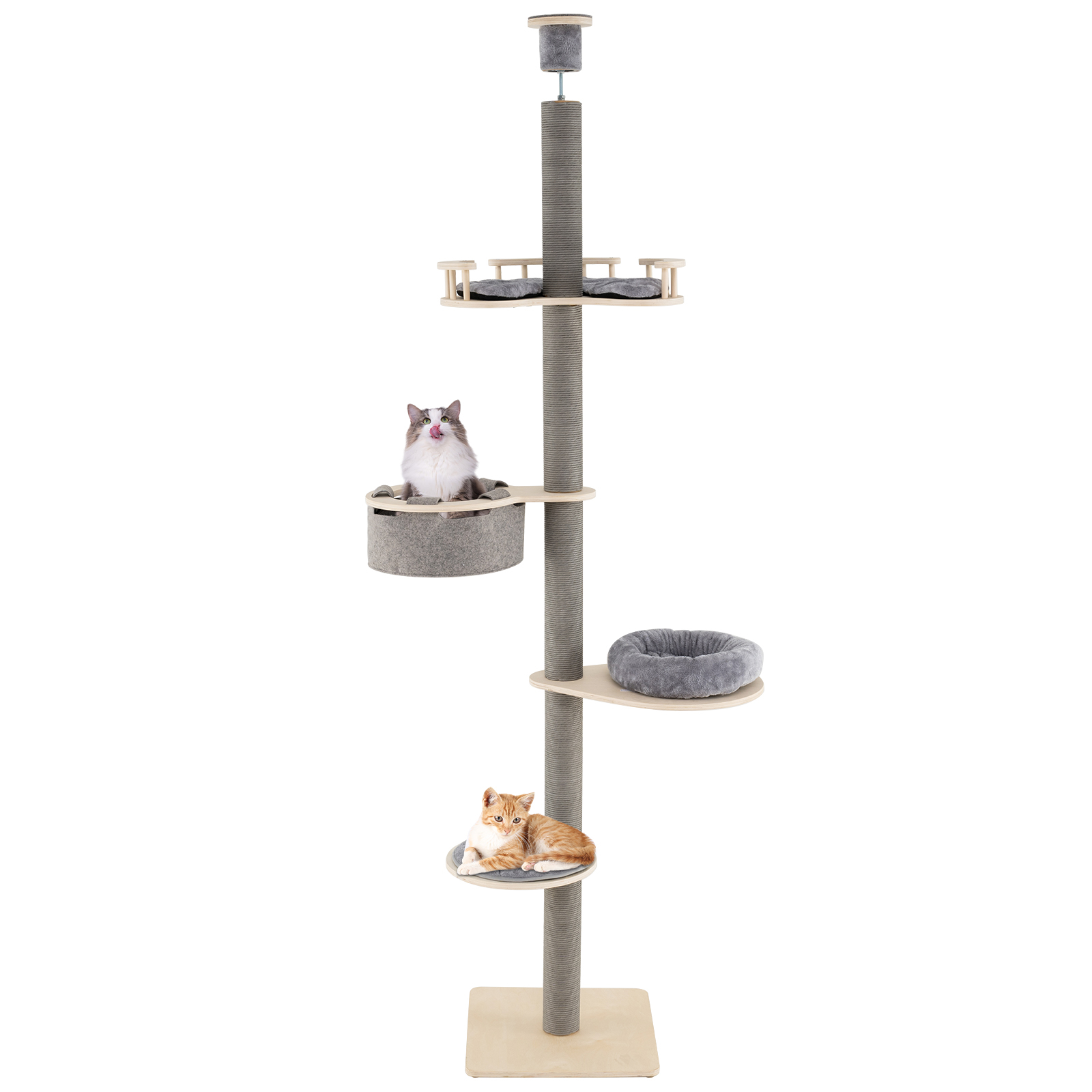 Floor To Ceiling Cat Tree W/ 236-271 Cm Adjustable Height, 5-tier Wooden Cat Tower W/ Perch, Plush Napping Bed, Hammock, Thickened Scratching Posts, Indoor Tall Kitten
