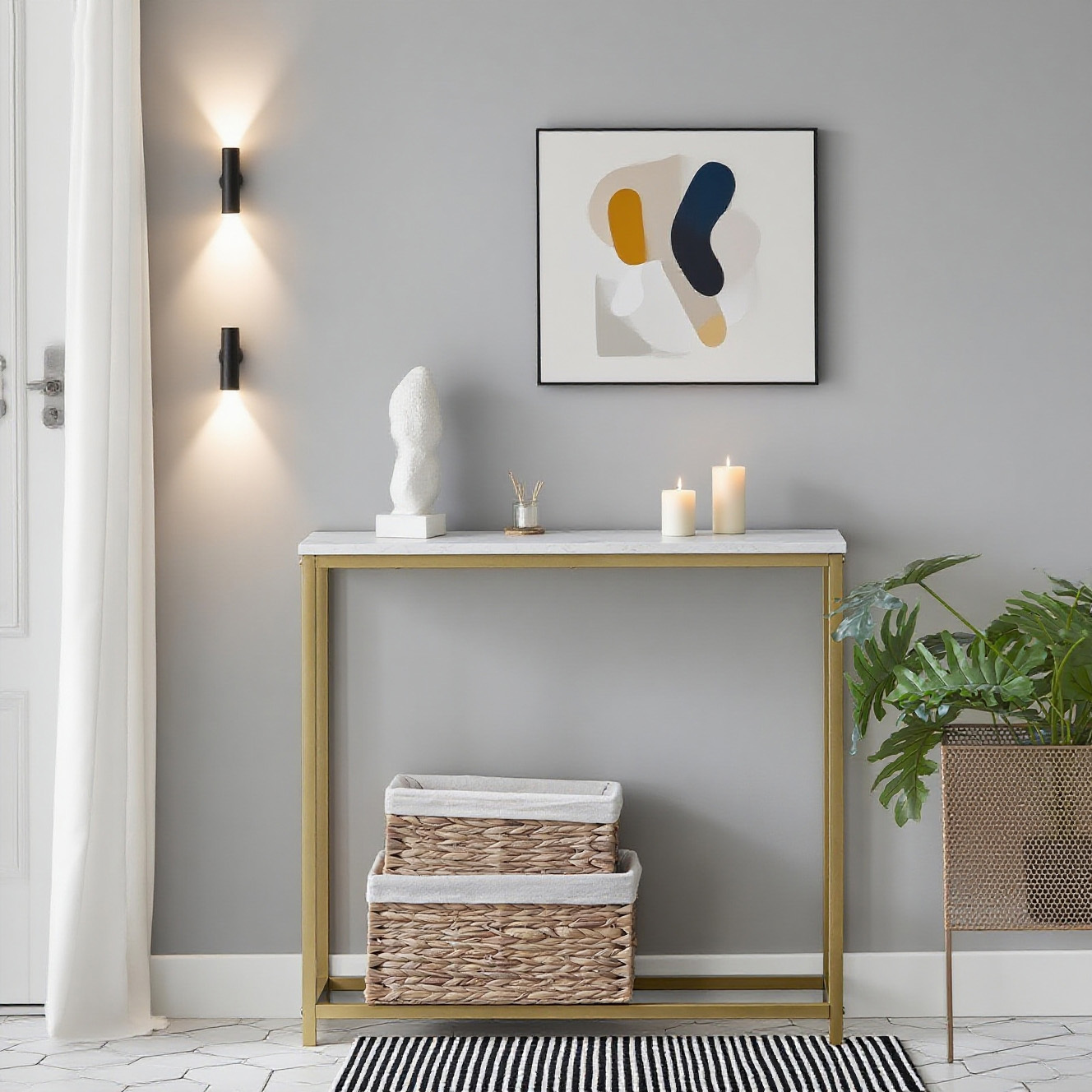 Console Table With Golden Metal Frame, Hall Table, Decorative Table, Sideboard, Side Table For Living Room, Entryway, . Dimensions: 80x75x30cm, Fsb29-g
