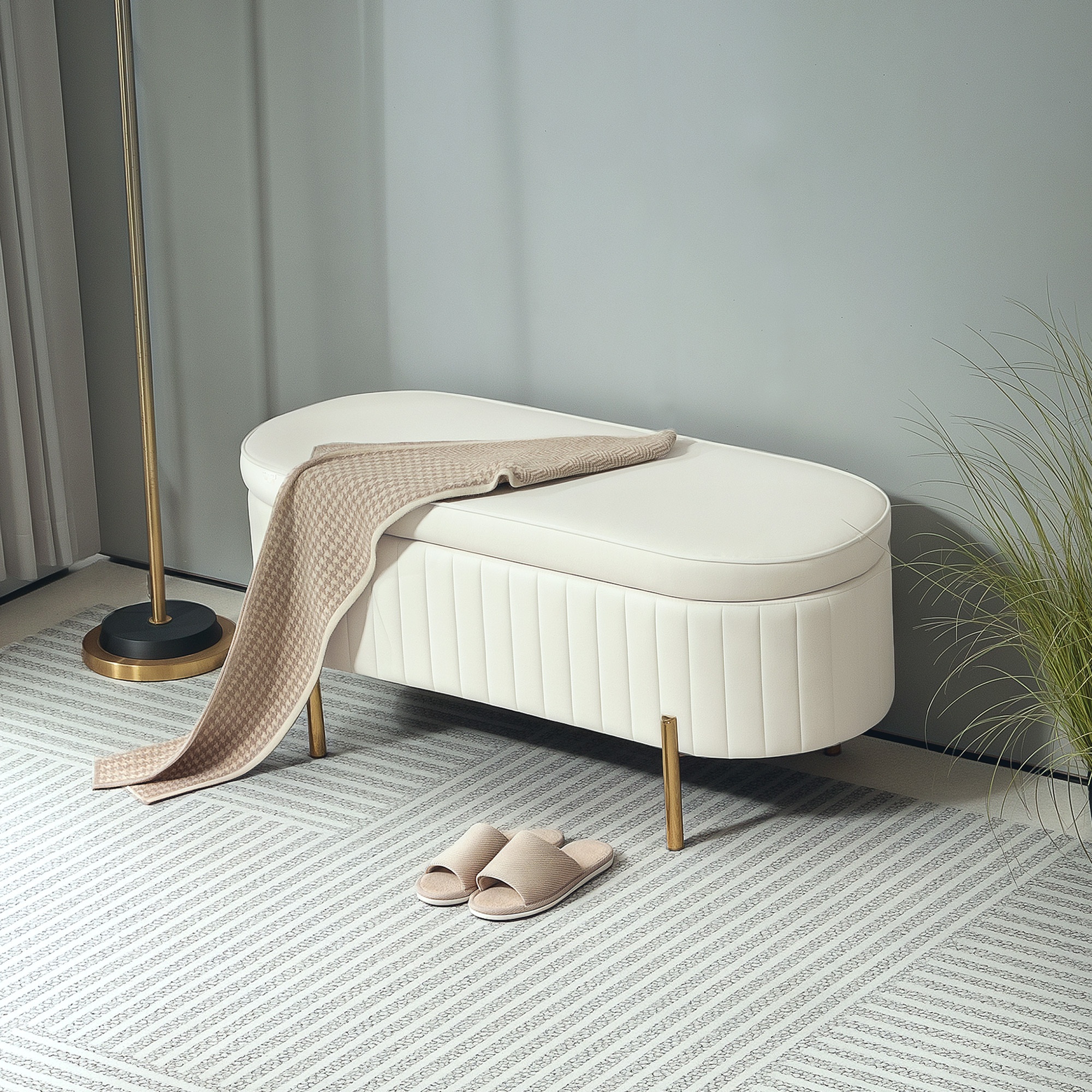 Image of Bench With Storage, Upholstered Bench With , Velvet Look, Bed Bench Ottoman With Metal Legs, Chest Bench For Hallway, Living Room, Bedroom, 107 X 42 X 45.5 Cm, Cream White