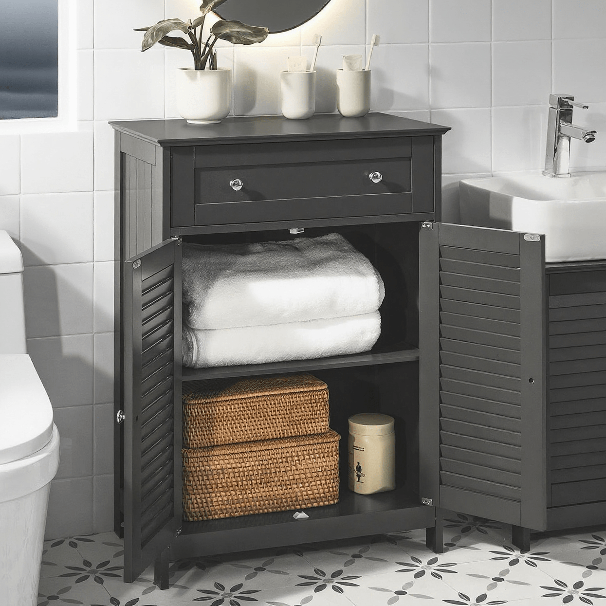 Storage Space In The Bathroom 1pc Bathroom Cabinet - Dresser For The Bathroom, Cabinet With Adjustable Shelf, 1 Drawer And 2 Doors, For Hallway And Kitchen, Dark Grey, 60 X 35 X 87 Cm - Gsh349-eh