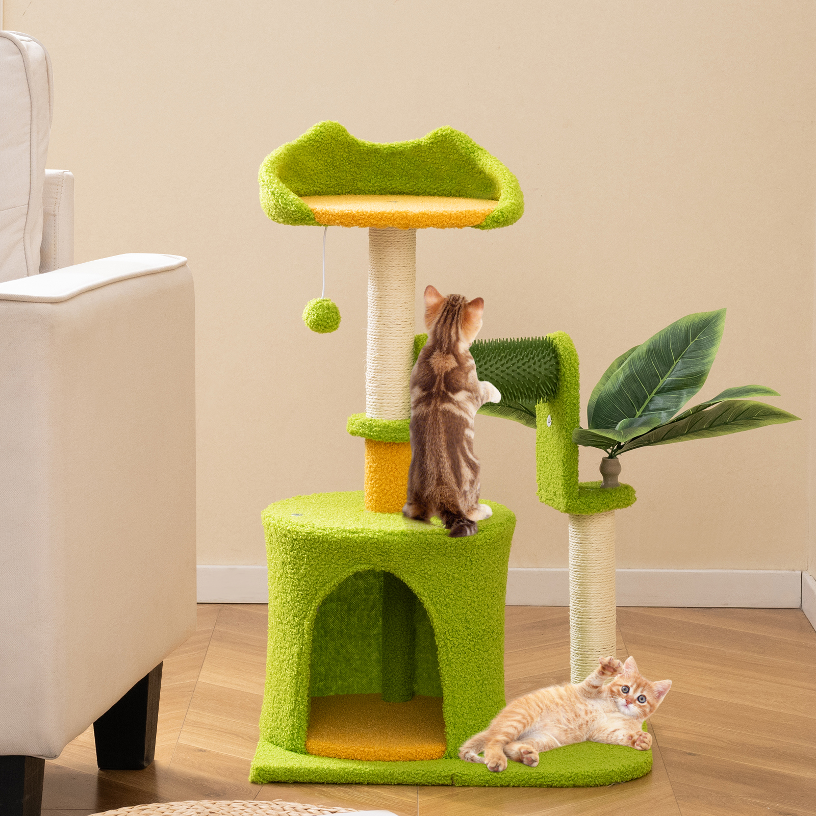 Image of Cute Palm Cat Tree For Indoor Cats, Small Kitty Tower With Artificial Leaves, Condo, Perch, Sisal Scratching Posts, Self-groomer, Plush Pompom, Pet Playhouse Activity Center