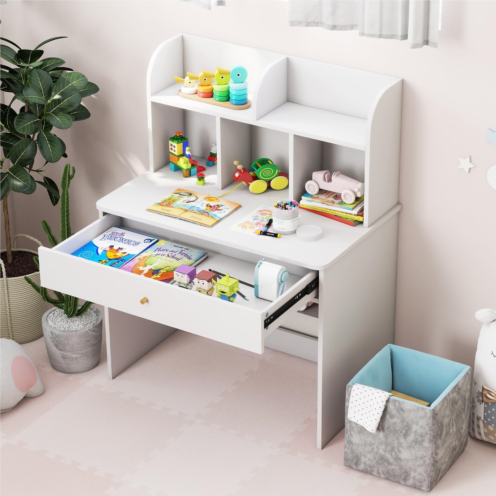 Image of Children's Desk, Wooden Children's Desk, Student Desk With Drawer & Storage Compartment, Youth Desk With Storage Space, Children's Table For Children From 3 Years, 80 X 48 X 102 Cm (white)