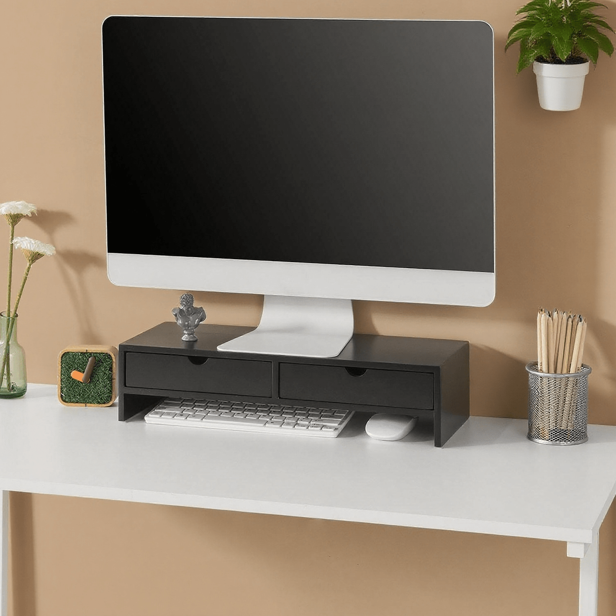 Desk Organizer, Monitor Stand with 2 Drawers, Monitor Riser for Desk, Monitor Stand, Screen Riser, Office Organizer, Black, 47X11X18Cm BBF02-SCH Sobuy
