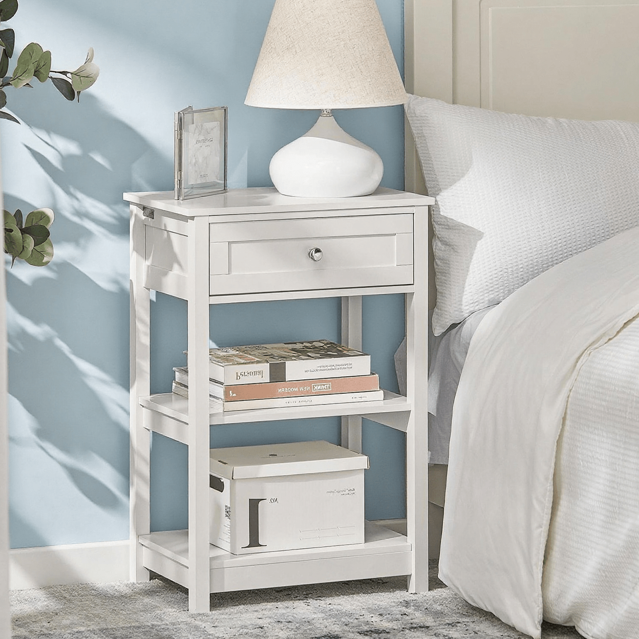 Nightstand End Of Sofa Table With 1 Drawer And 2 Shelves For Storage - White