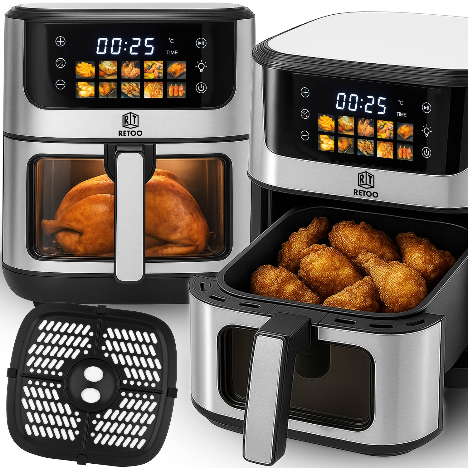 air fryer fat free large retoo, 6.5l, 1800w, 10 programs, temperature range 80 200°c, oven for frying, touch display, viewing window, sound signal, fat free cooking, compact, multi functional fryer for kitchen, with large container, high quality, easy cleaning, programs for fries, cakes, chicken, fish, baking, cold, modern fat free fryer, advanced kitchen device, practical oven.