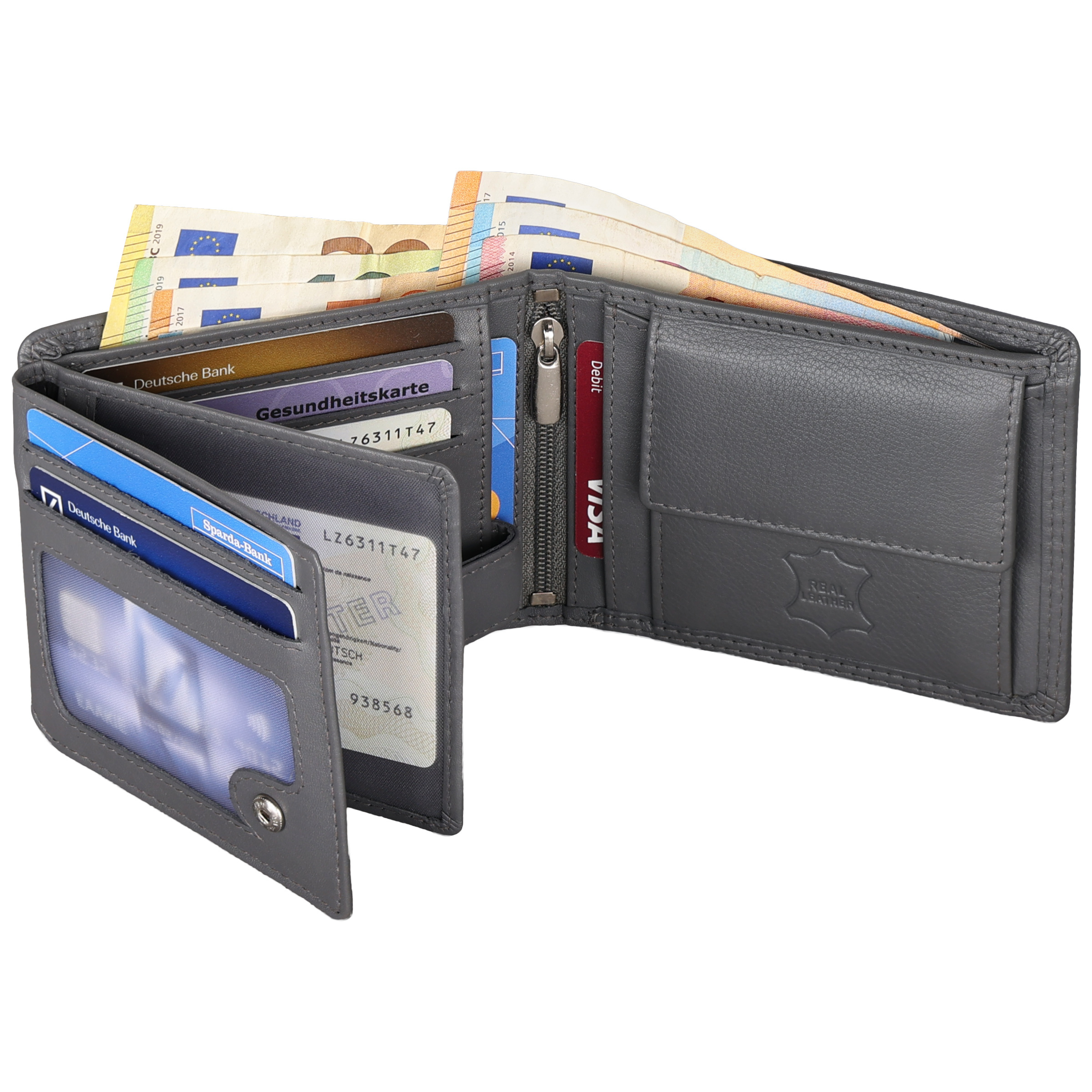 E-shop Leder Geldbörse Herren Portemonnaie RFID Querformat Geldbeutel Echtleder Grau Maße : 9,5 x 12 x 2 cm (H x B x T) Geschenkbox inklusive