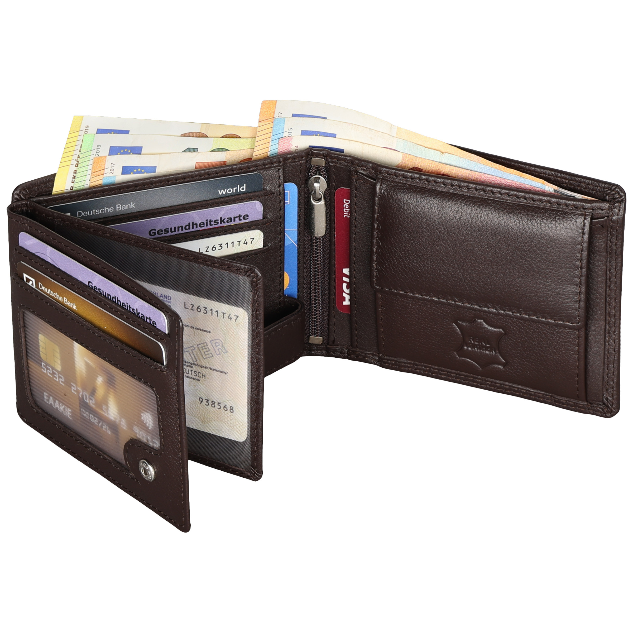 E-shop Leder Geldbörse Herren Portemonnaie RFID Querformat Geldbeutel Echtleder Braun Maße : 9,5 x 12 x 2 cm (H x B x T) Geschenkbox inklusive