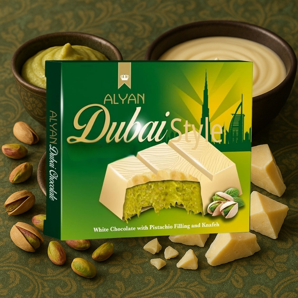 E-shop ALYAN - Dubai Style - weiße Schokolade gefüllt mit knuspriger Kunafa und Pistazien Creme