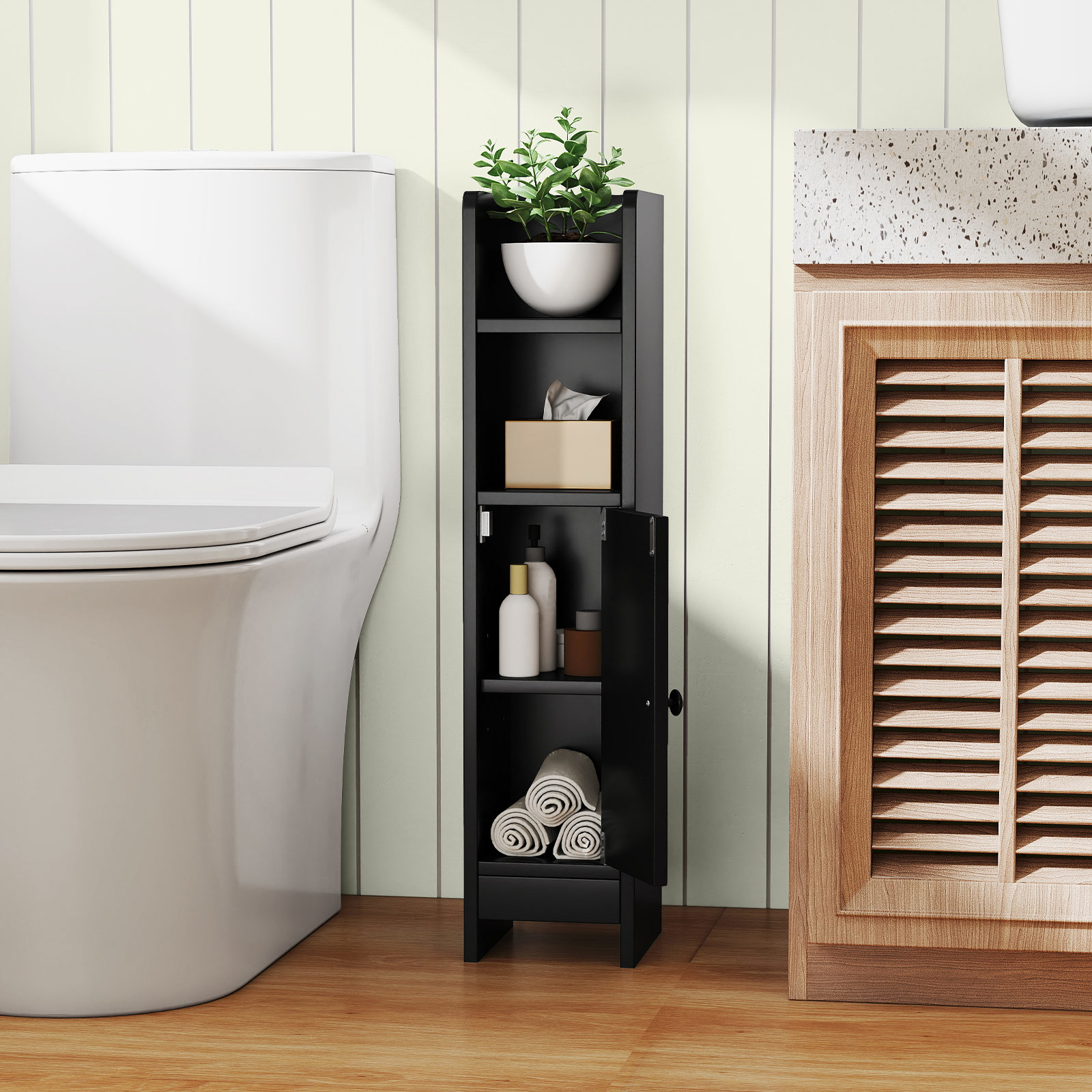 Image of Bathroom Storage Cabinet, Small Corner Floor Cabinet With Door And Adjustable Shelves, Narrow Toilet Paper Holder Stand, Bathroom Organizer With Adjustable Shelf, Black