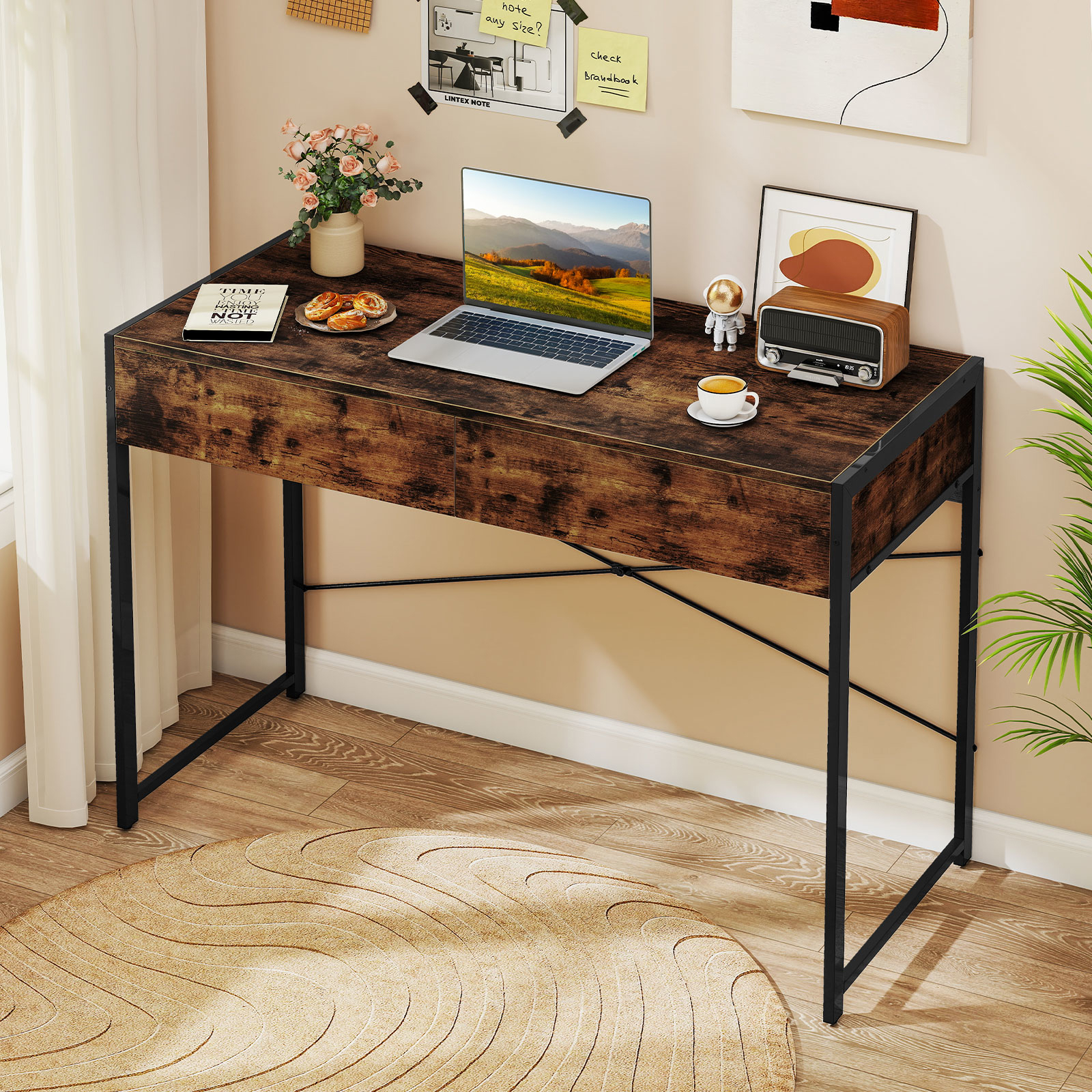 Computer Desk With 2 Drawers, Compact Writing Desk With Heavy-duty Metal Frame, Multipurpose Computer Workstation Vanity Table For Bedroom, Home Office, Gaming Room, Rustic Brown