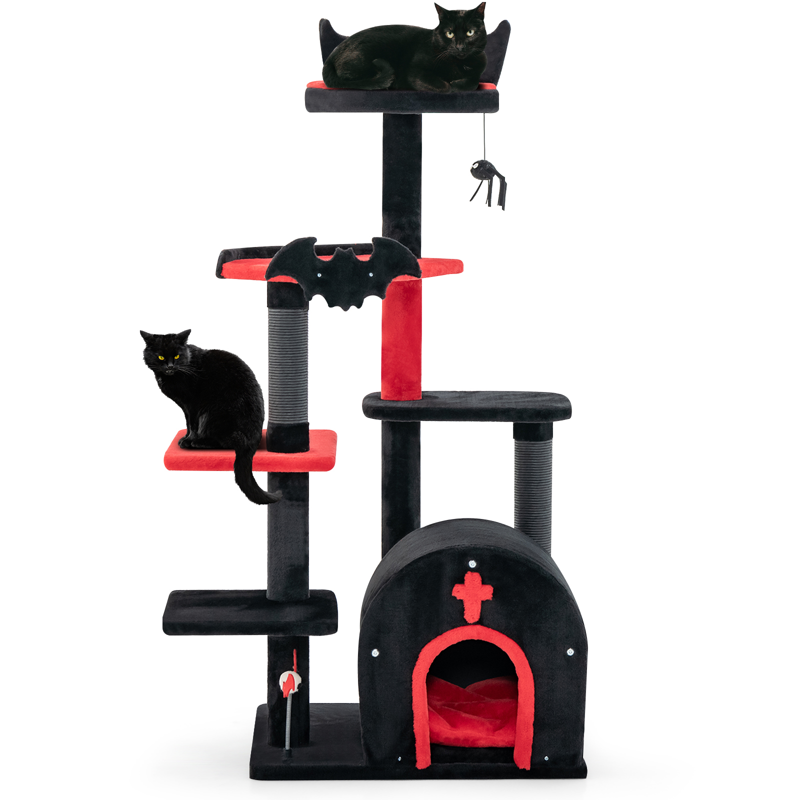 Image of Gothic Cat Tree, 53" Tall Cat Tower W/ Cat Bed, Arch-shaped Condo, Scratching Post, Pompom & Spring Balls, 6-tier Cat Activity Center, Halloween Cat Furniture For Indoor Kitten & Adult Cat