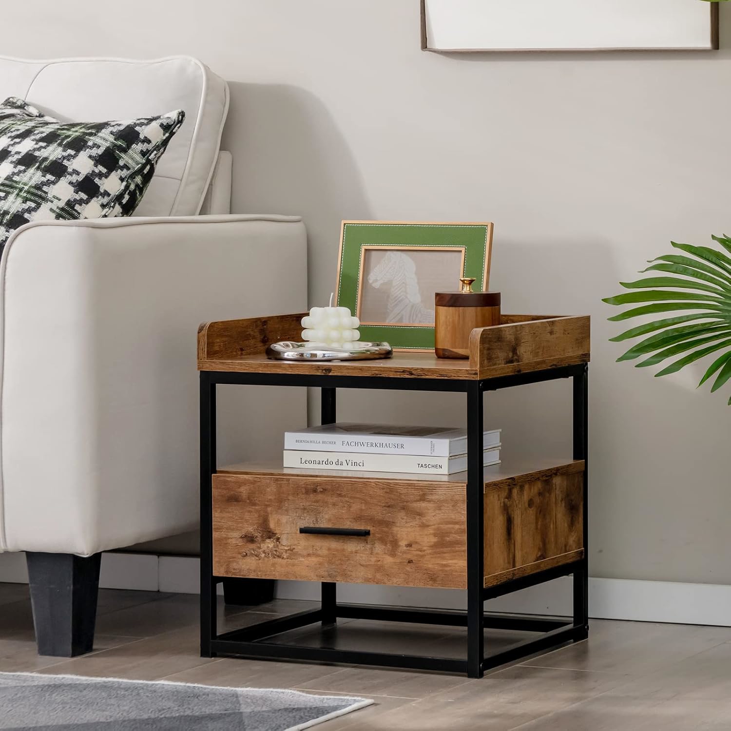 Image of Side Table With Drawer, 3-tier Nightstand With Raised Top Baffles, Open Compartment, Storage Drawer, Rustic End Table With Metal Frame For Living Room, Bedroom, Hallway, Rustic Brown
