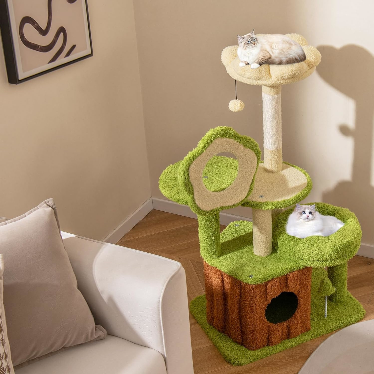 Image of Cute Cat Tree For Adult Cats, Multi-level Kitty Tower With Trunk Condo, Flower Perch, Plush Napping Bed, Pompom, Spring Toy, Platforms, Scratching Post, Indoor Pet Jungle Activity Center Playhouse