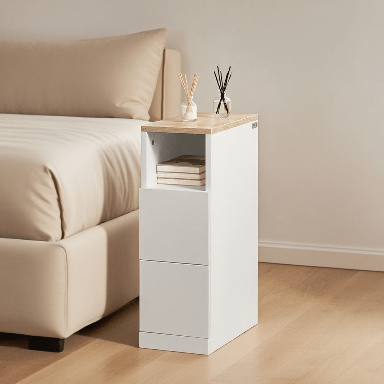 Image of Narrow Nightstand 20 Cm With 2 Drawers, Bedside Table With Open Shelf For Bedroom, Living Room, Hallway, Small Rooms, White Natural 20 × 35 × 60 Cm Fbt149-wn - Gcu260-xo
