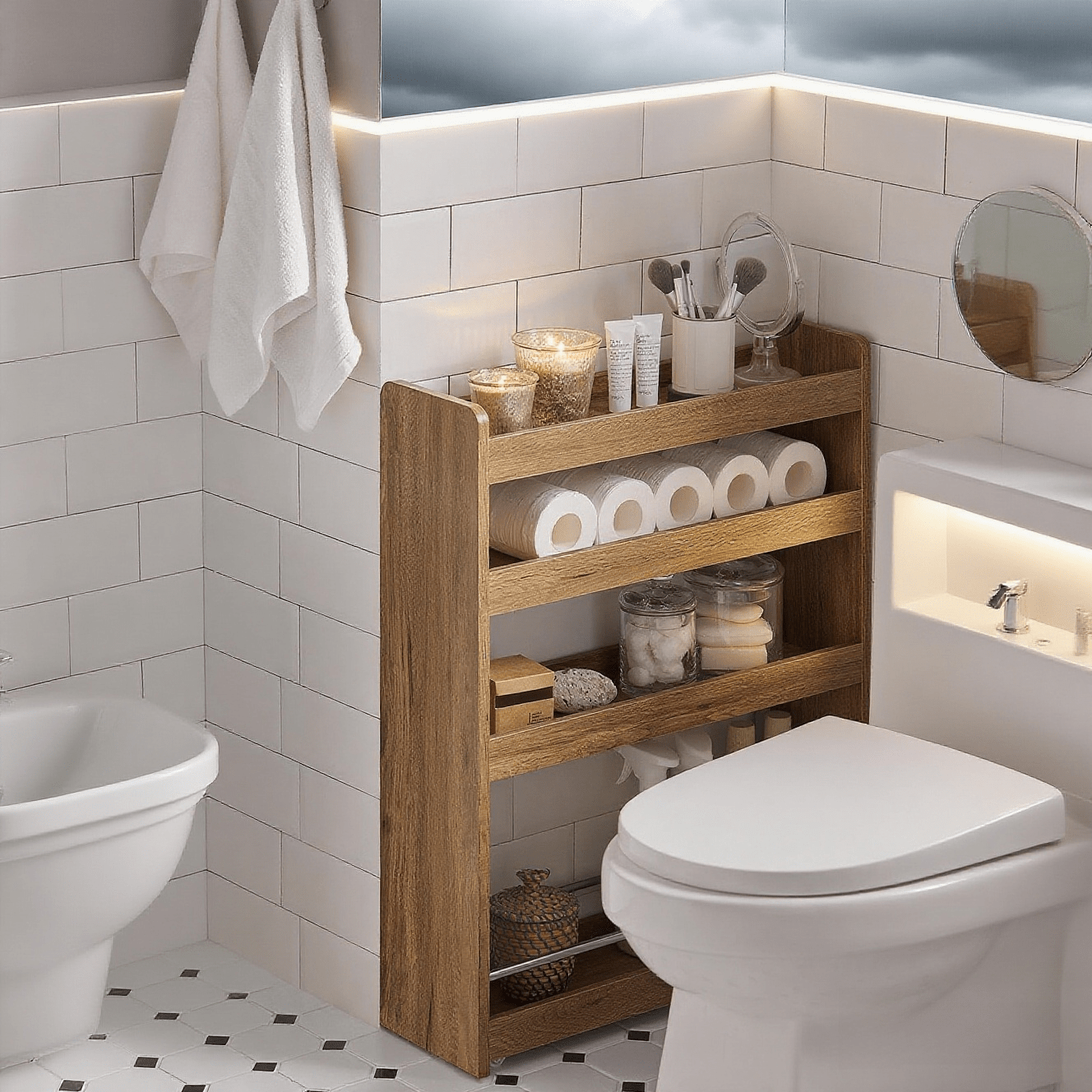 Narrow Kitchen & Bathroom Trolley With 4 Wheels Serving Trolley With Rollers Rolling Container Compact Storage Unit With Rollers For Kitchen, Bathroom, Cosmetics, Craft Supplies 60x81x18.5 Cm Nsr01-pf