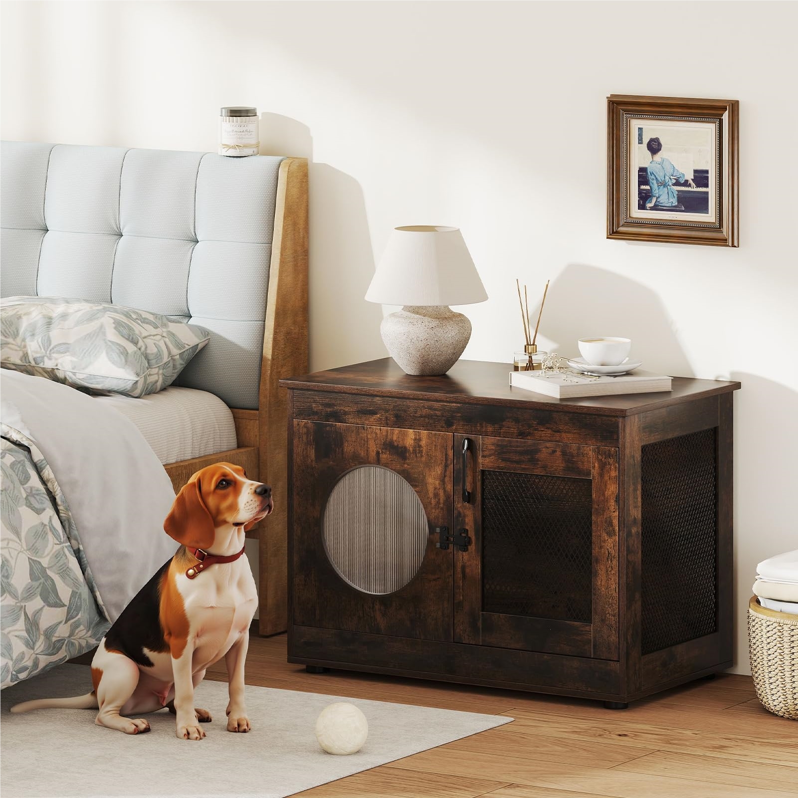Image of Dog Cage Animal Cage, Dog Box Style With Door & Pc Window, Pet Cage For Small And Medium-sized Dogs Cat Pet, Side Table For Home, Dog House Brown, 82 X 60 Cm