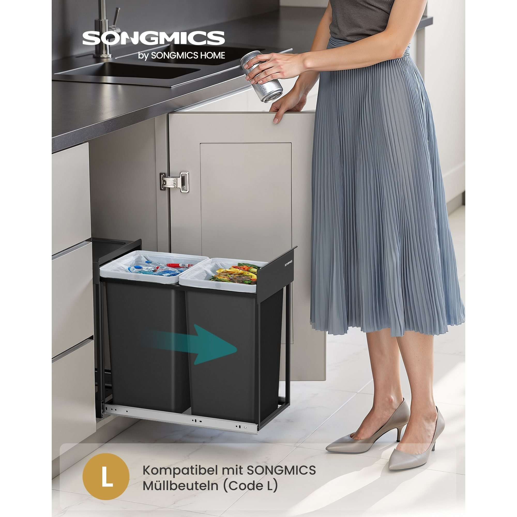 2 X 15 L Kitchen Trash Cans, Waste System For Under-counter, Pull-out Trash Can With Telescopic Rails, 2-compartment Kitchen Trash Can, Pull-out, Removable Container, , Abs Lid, Tinted Black.