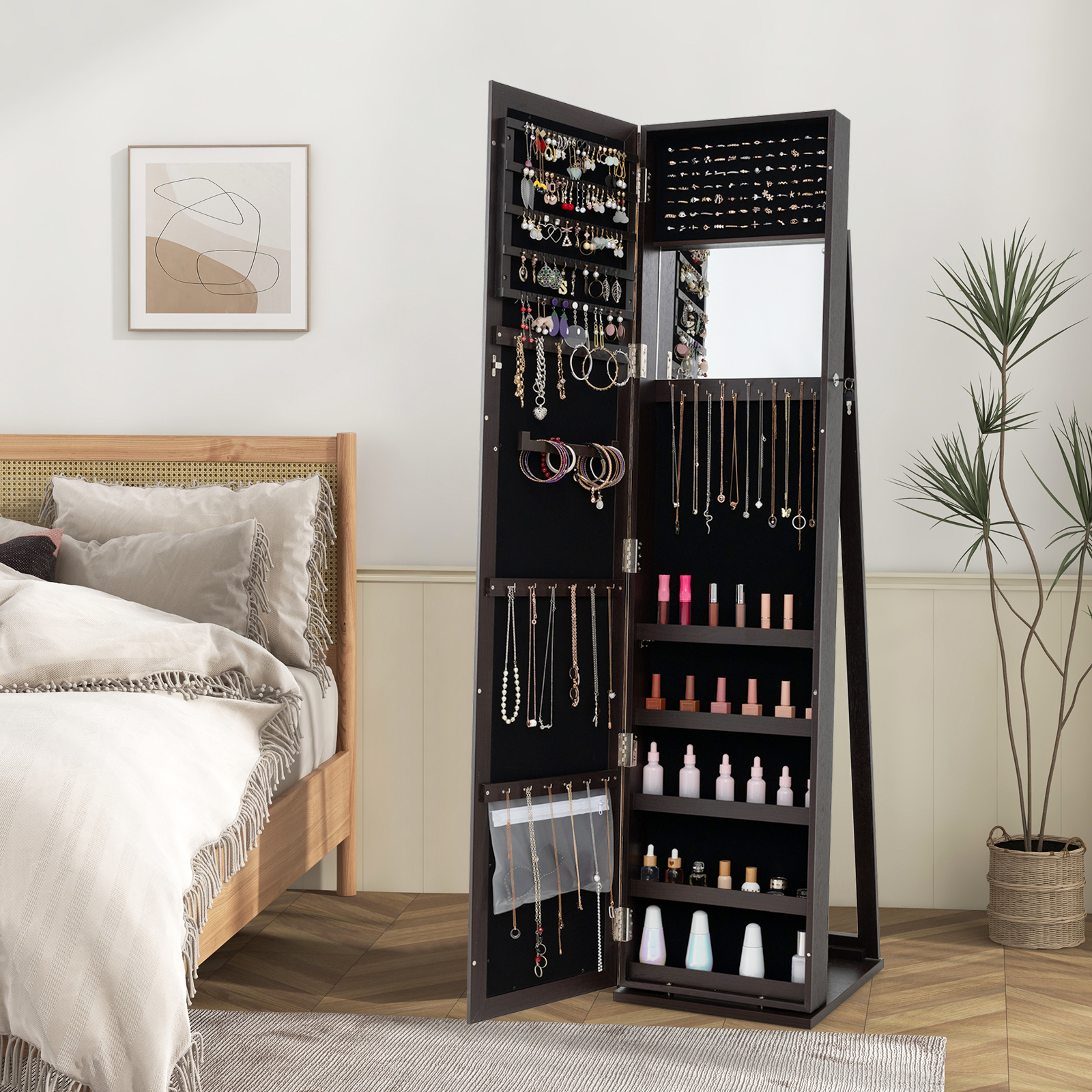 Floor Jewelry Cabinet Full Length Mirror, Lockable Jewelry Armoirec Hd Mirror Anti Tip Kit, Jewelry Organizer