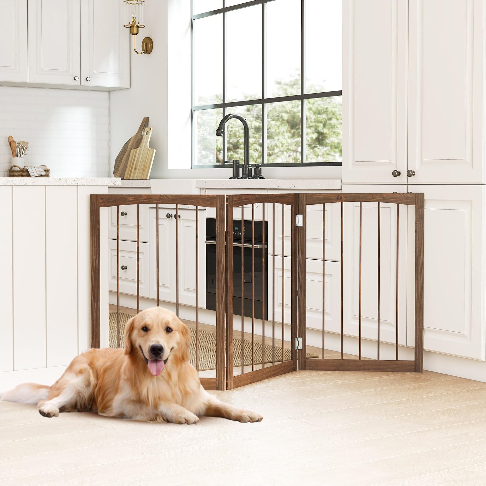 Image of 3-piece Dog Safety Gate, Wooden Protective Gate, 76cm High Stair Gate, Foldable Dog Barrier, Freestanding Dog Gate , Fir Wood, For Kitchen, Hallway, Stairs (brown)