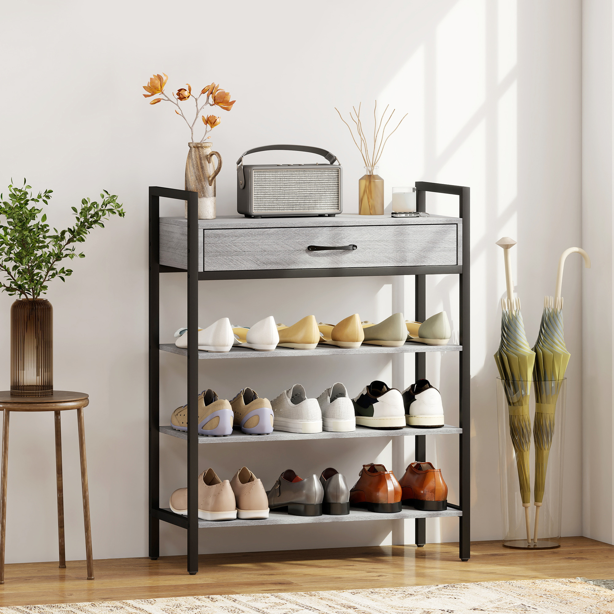 Image of Shoe Rack 4 Tiers Metal Shoe Stand With Drawer Shoe Storage For 9 Pairs Of Shoes Space- Shoe Storage For Hallway, Living Room 70 X 30 X 87.6 Cm Grey