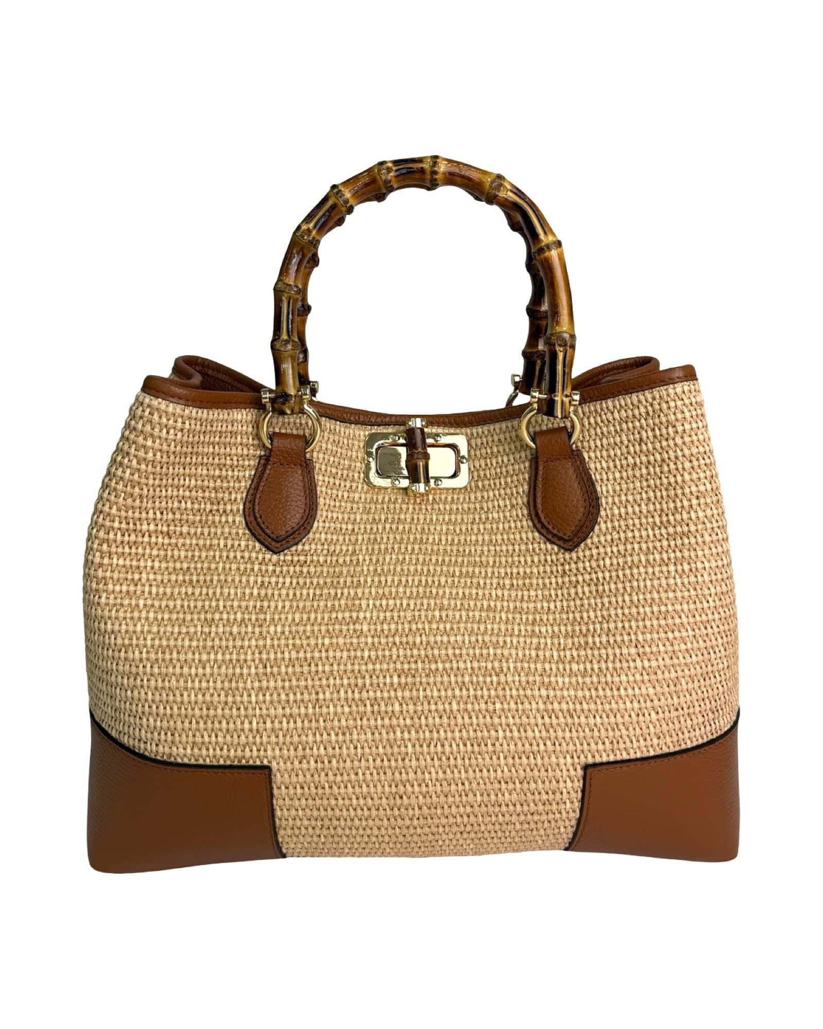 Handmade Raffia and Leather Bag with Bamboo Handles – Artisanal Elegance Made in Italy