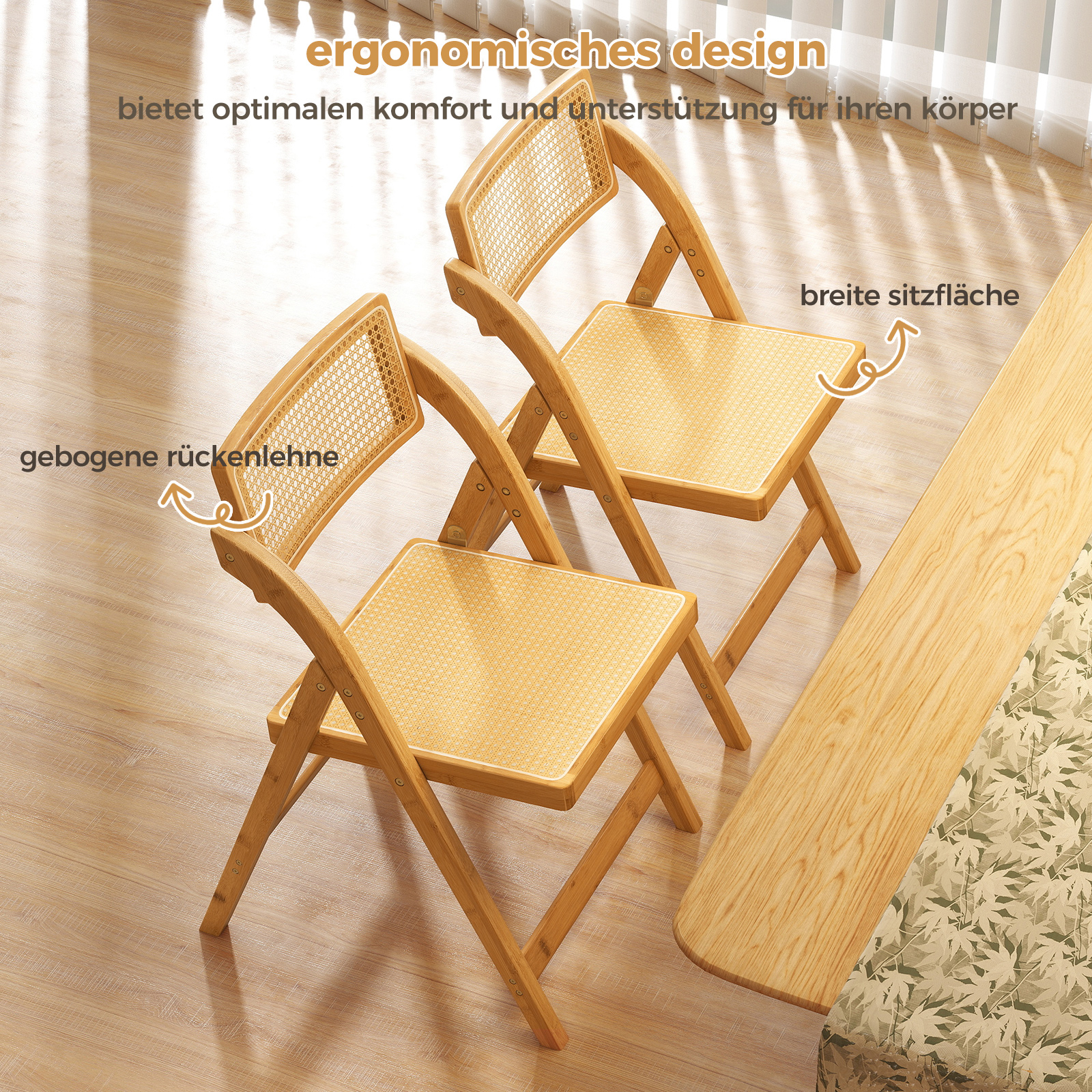 2-set Folding Chairs, Kitchen Chairs With Bamboo Frame, 360° Rotatable Backrest Wide Seat, 150 Kg Load Capacity