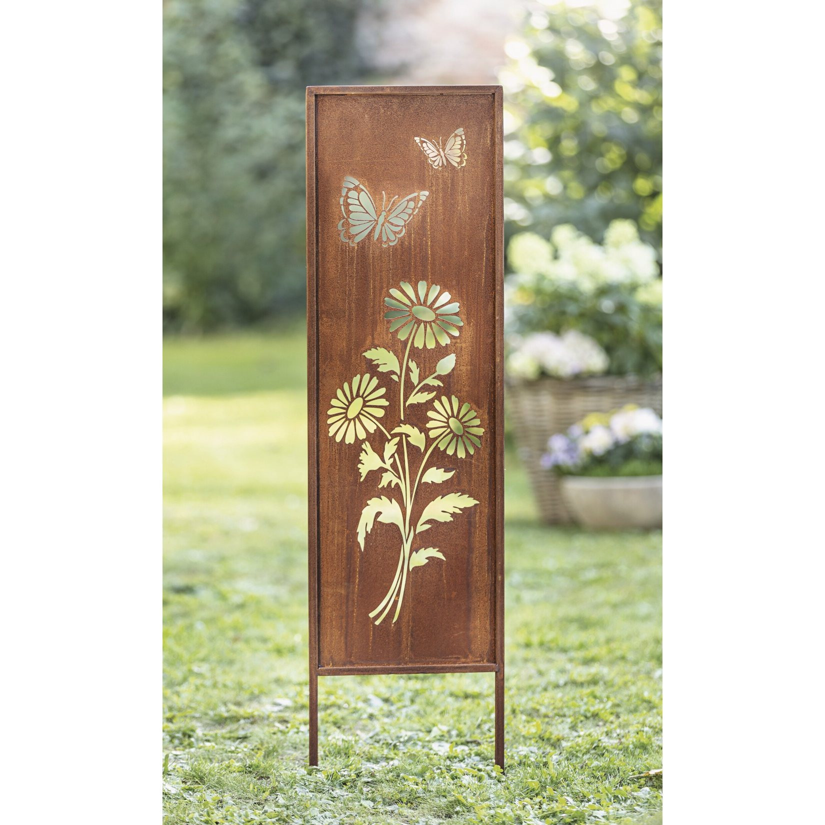 TEMU Panneau Métallique "Fleurs & Papillons" avec Rouille, 117 Cm de Hauteur, Panneau Décoratif, Piquet de Jardin, Panneau de Jardin Rouille, Piquet