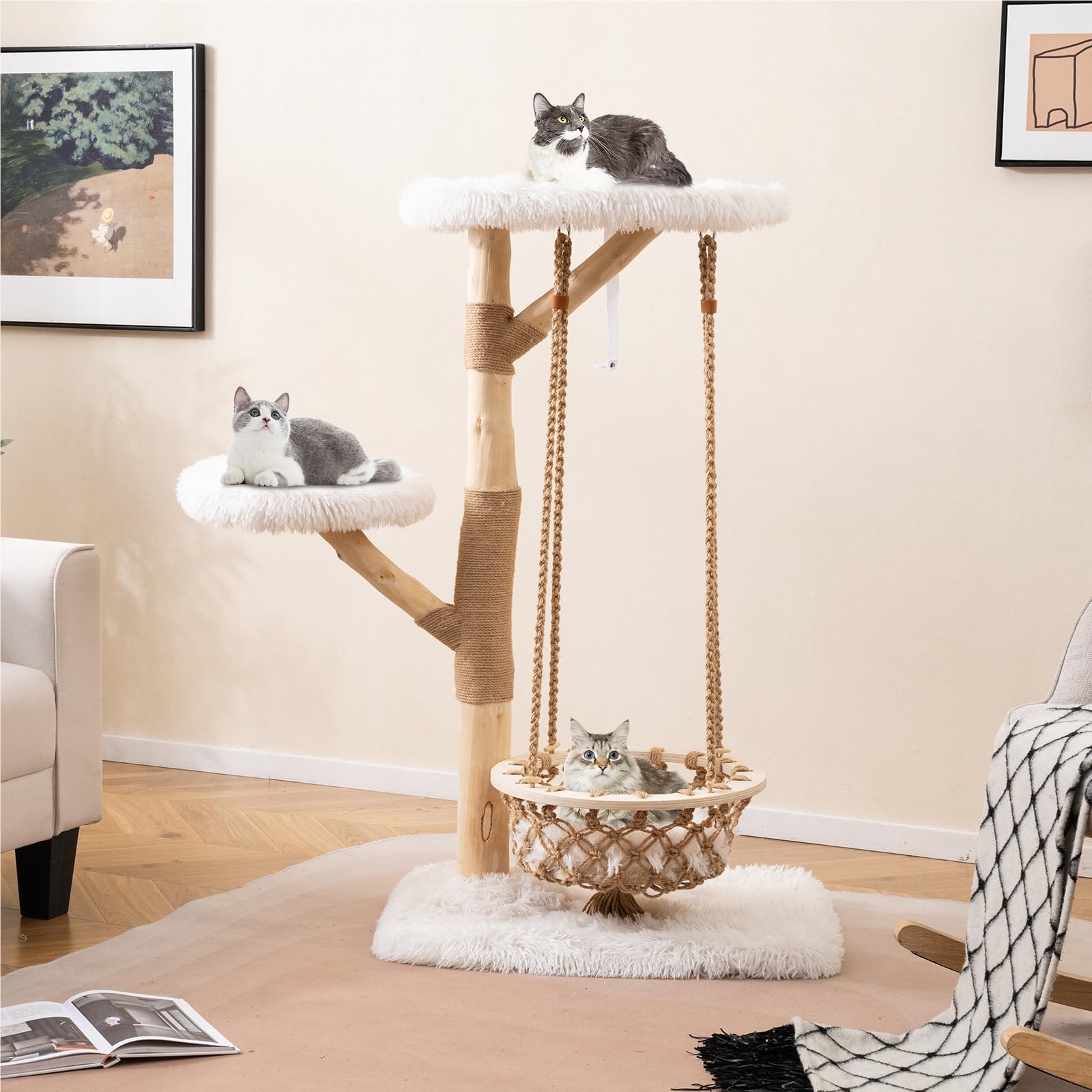 123cm Wooden Cat Tree With Hanging Basket, Rope, Branches, Jute Scratching Post, 2 Perches & Platform, Cat Furniture Climbing Tower, Natural + White