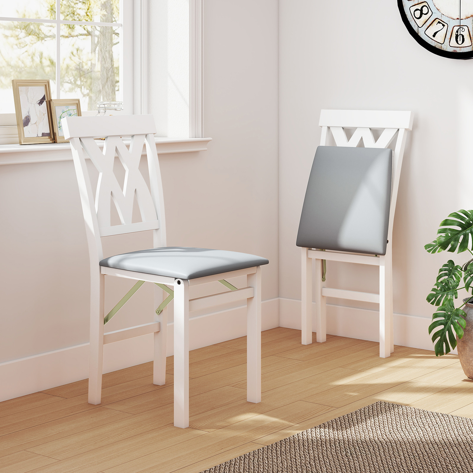 Folding Kitchen Chairs Set Of 2, Upholstered Dining Chairs Rubber Wood Frame, Padded Seat With Pvc Leather