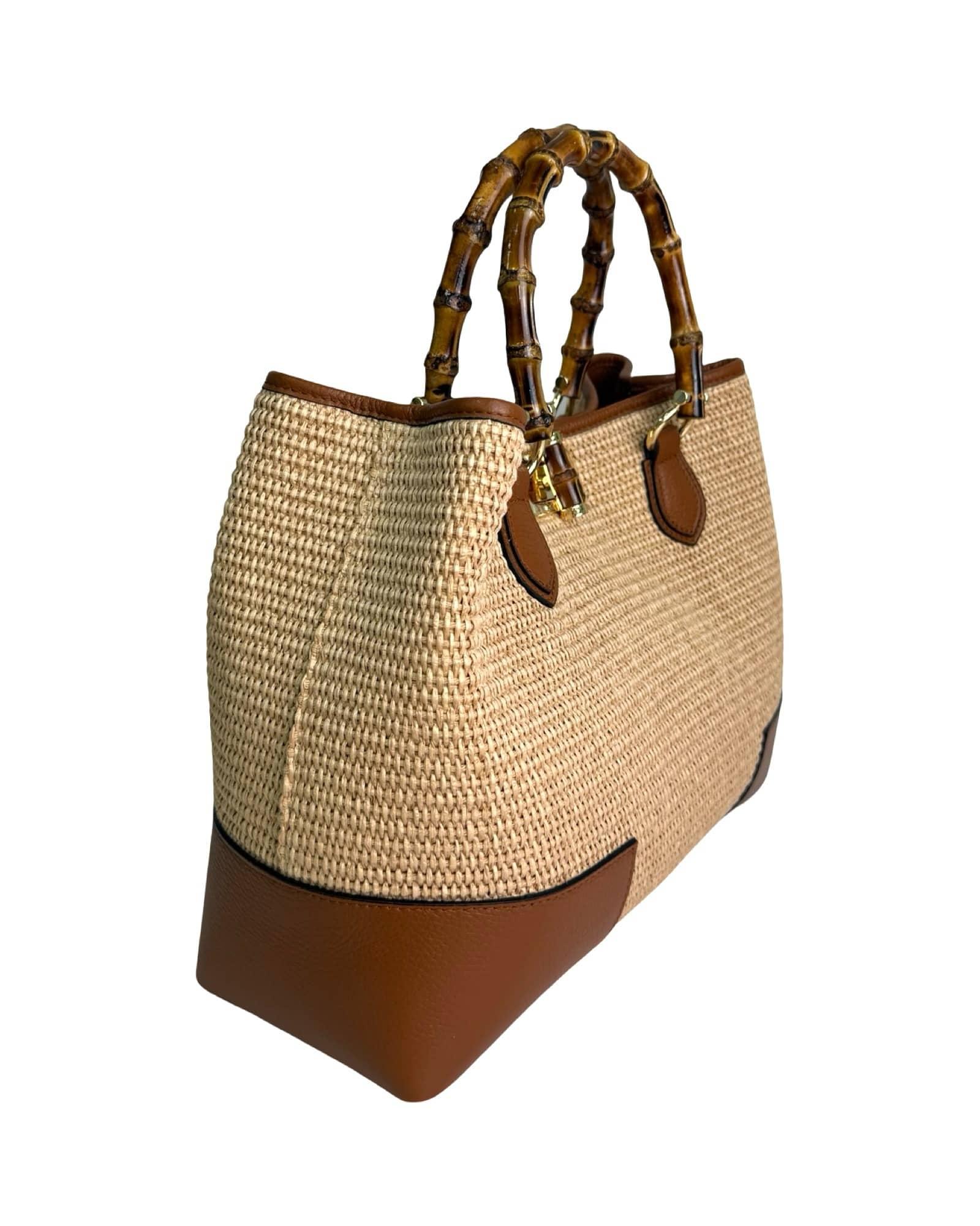 Handmade Raffia and Leather Bag with Bamboo Handles – Artisanal Elegance Made in Italy