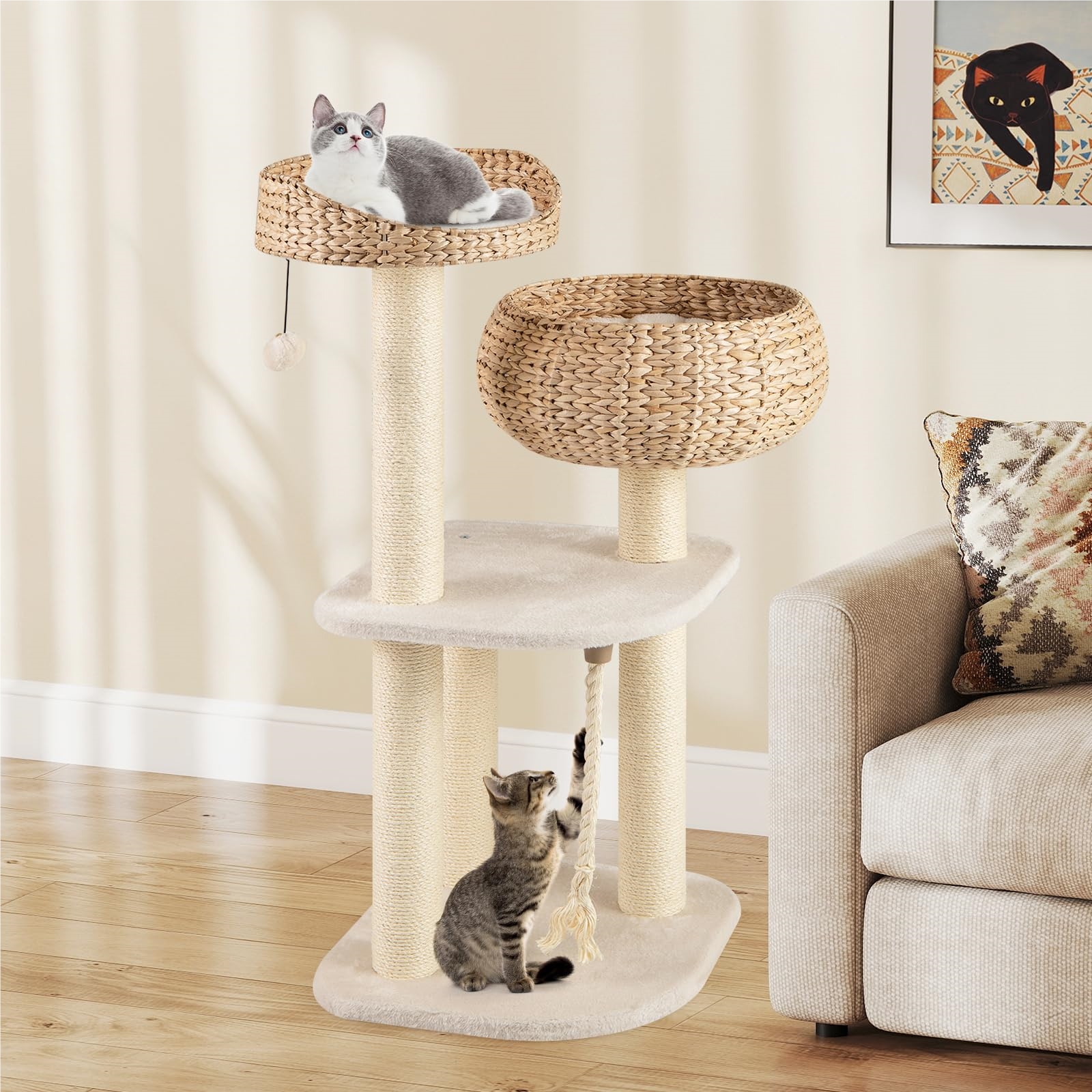 Image of 104cm Cat Scratching Post, Small Cat Tree With Perch, Basket, Sisal Posts, Sisal Rope & Ball, Fluff Climbing Tree, Activity Tree Cat Furniture (beige)