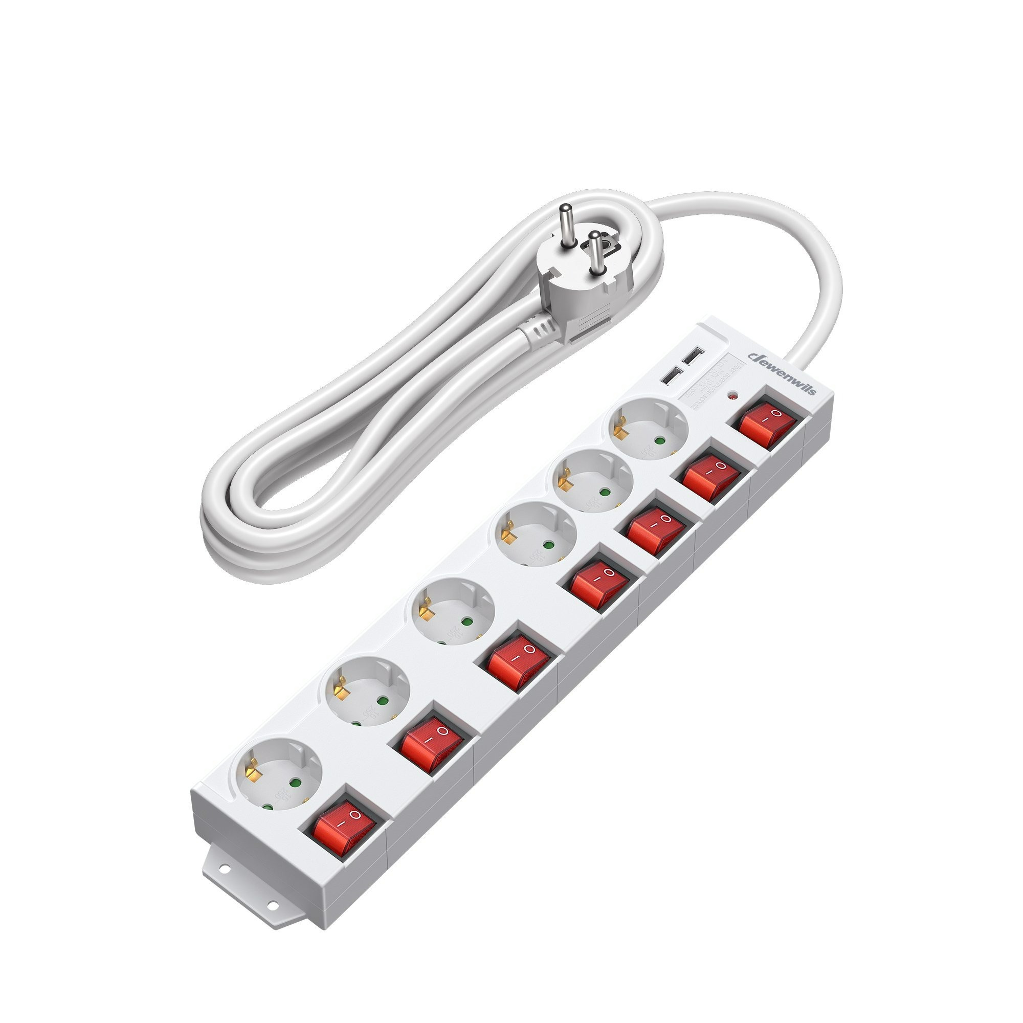 E-shop Steckdosenleiste Einzeln Schaltbar mit USB, 6Fach Steckdosenleiste mit Schalter, Mehrfachsteckdose mit Überlastschutz, Kindersicherung, 90°