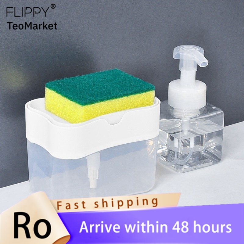 TEMU Flippy 1 Set Sponge + Cleaning Box Dishwashing Liquid Dispenser For Cleaning Kitchen Brush, Automatic Liquid Box For Pots And Pans, Scrubbing