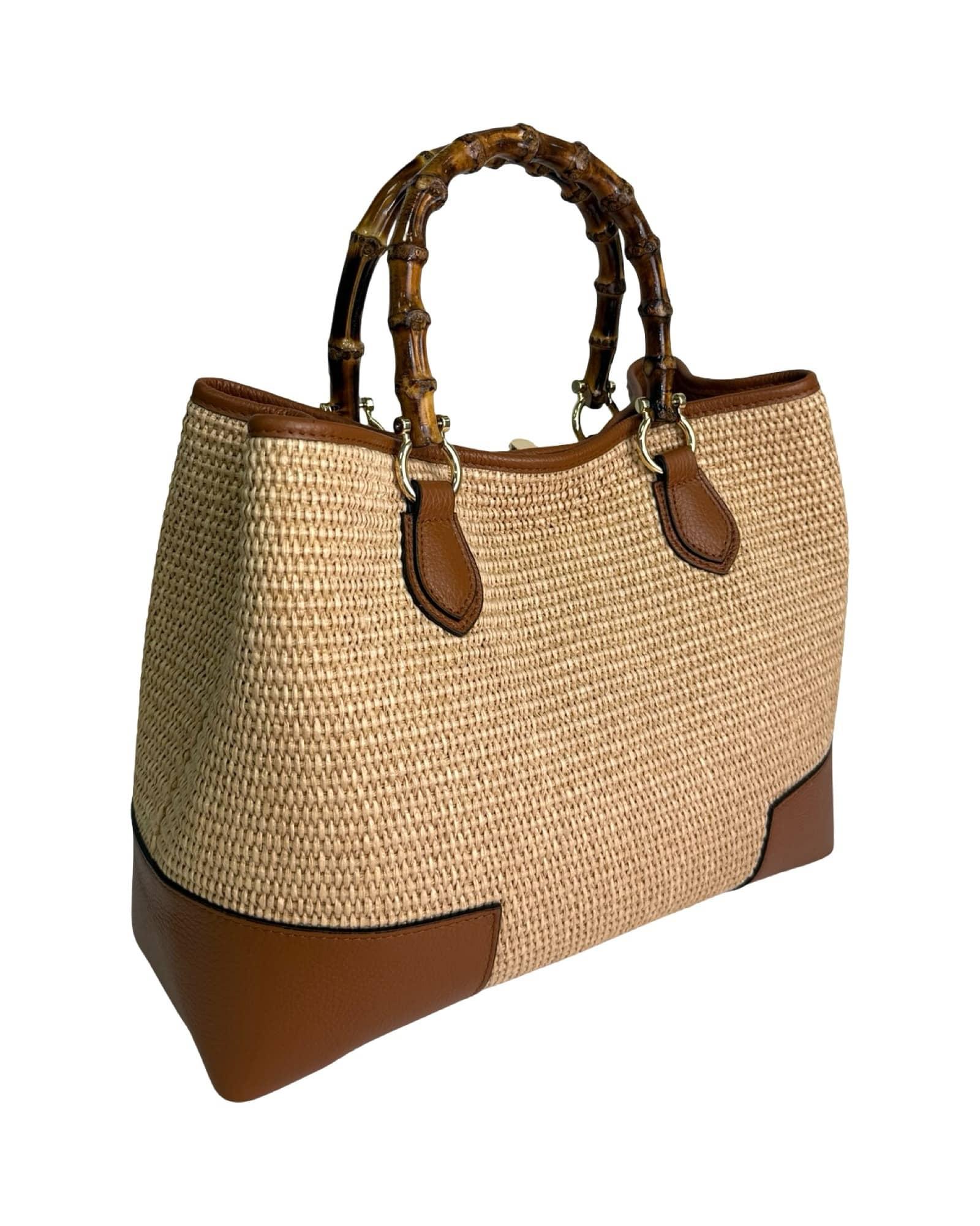 Handmade Raffia and Leather Bag with Bamboo Handles – Artisanal Elegance Made in Italy