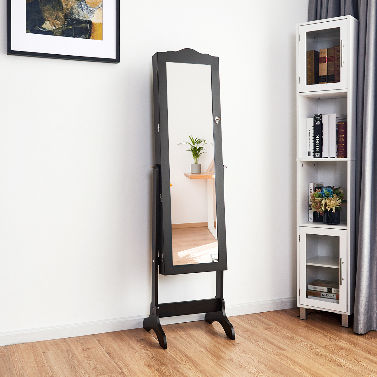 Standing Jewelry Wardrobe With Full Length Mirror, Storage Shelves, Integrated Mirror, Lockable Jewelry Organizer