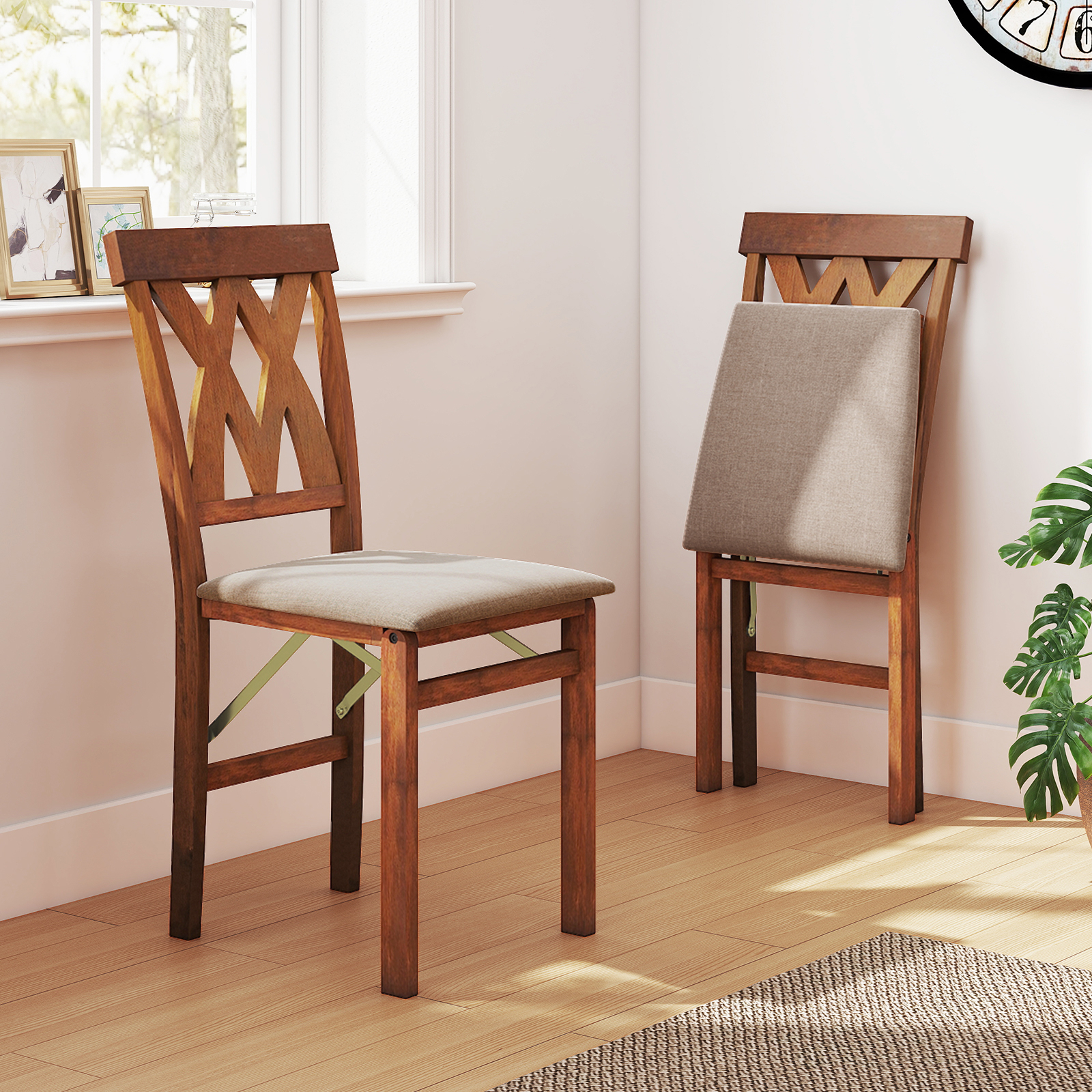 Set Of 2 Folding Dining Chairs, Armless Chair With Blade Backing And Padded Seat, Rubber