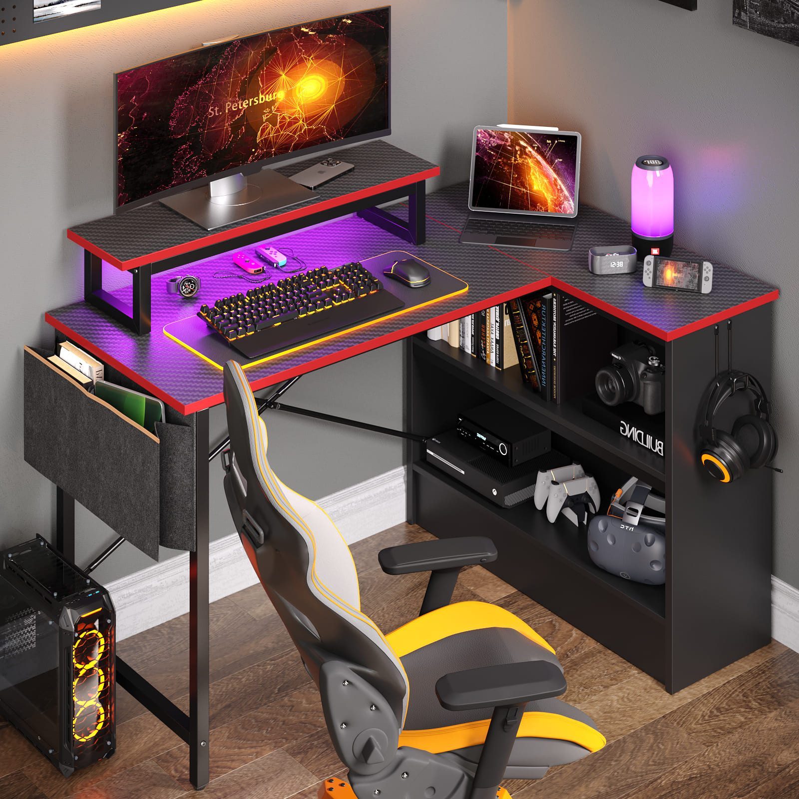 Best Modern L-shaped Gaming Desk, 107 Cm Long, With Storage Cabinet And Fabric Pocket For More Storage Space