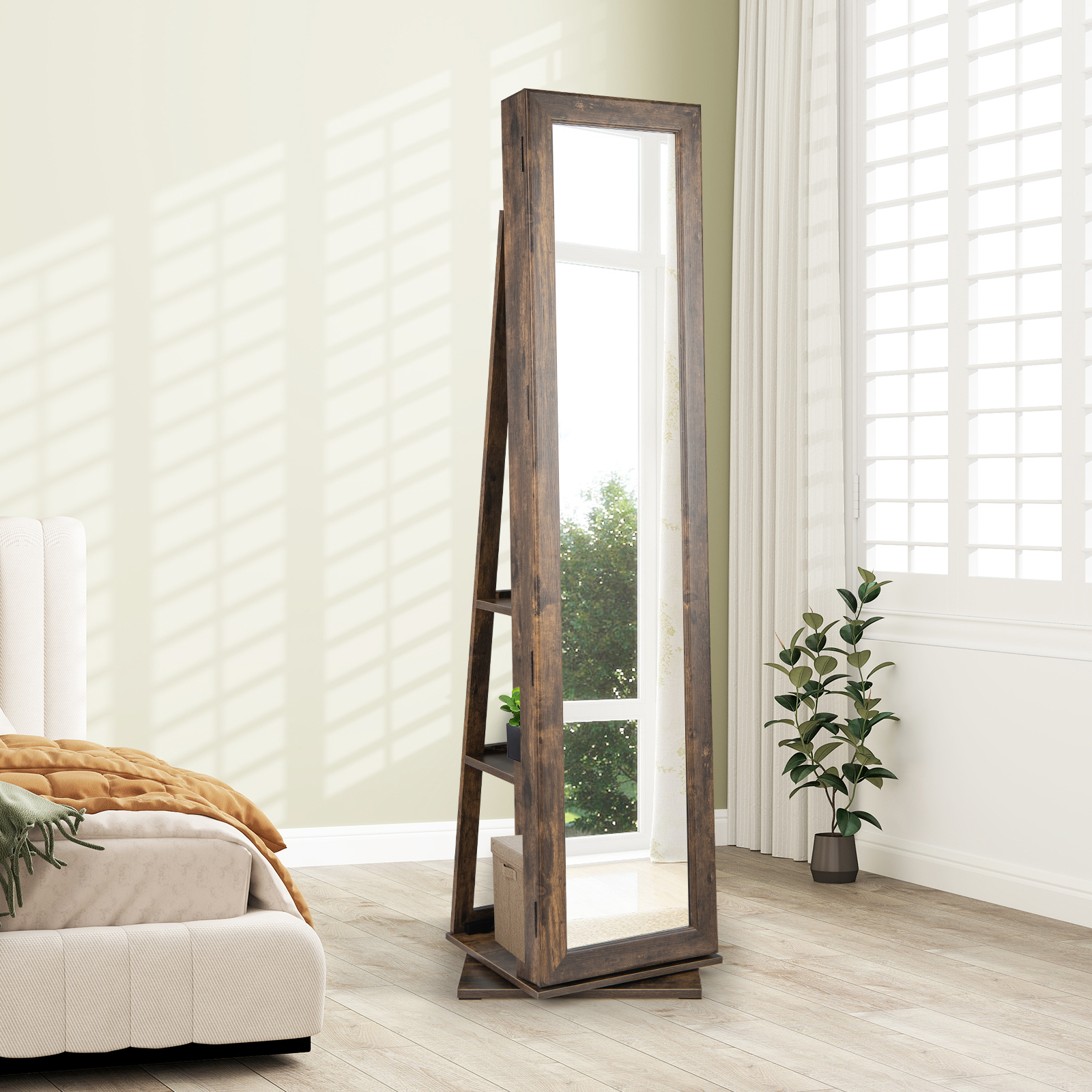 Image of Rotating Jewelry Cabinet, Jewelry Armoire With Full-length Mirror, Rear Shelves, Interior Makeup Mirror