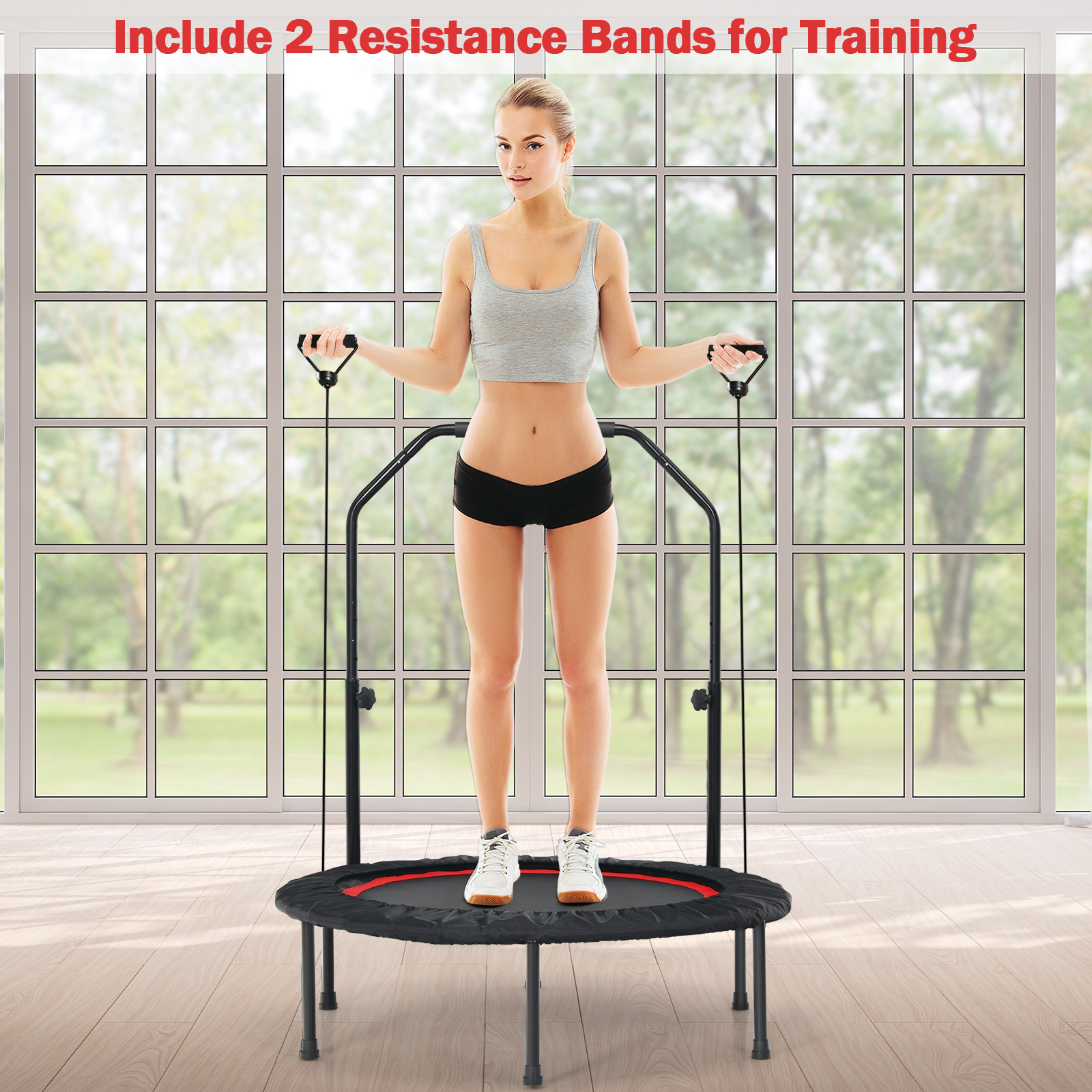 Foldable Mini Trampoline, Indoor Exercise Rebounder With Resistance Bands, Adjustable Bar, Bungee Cords