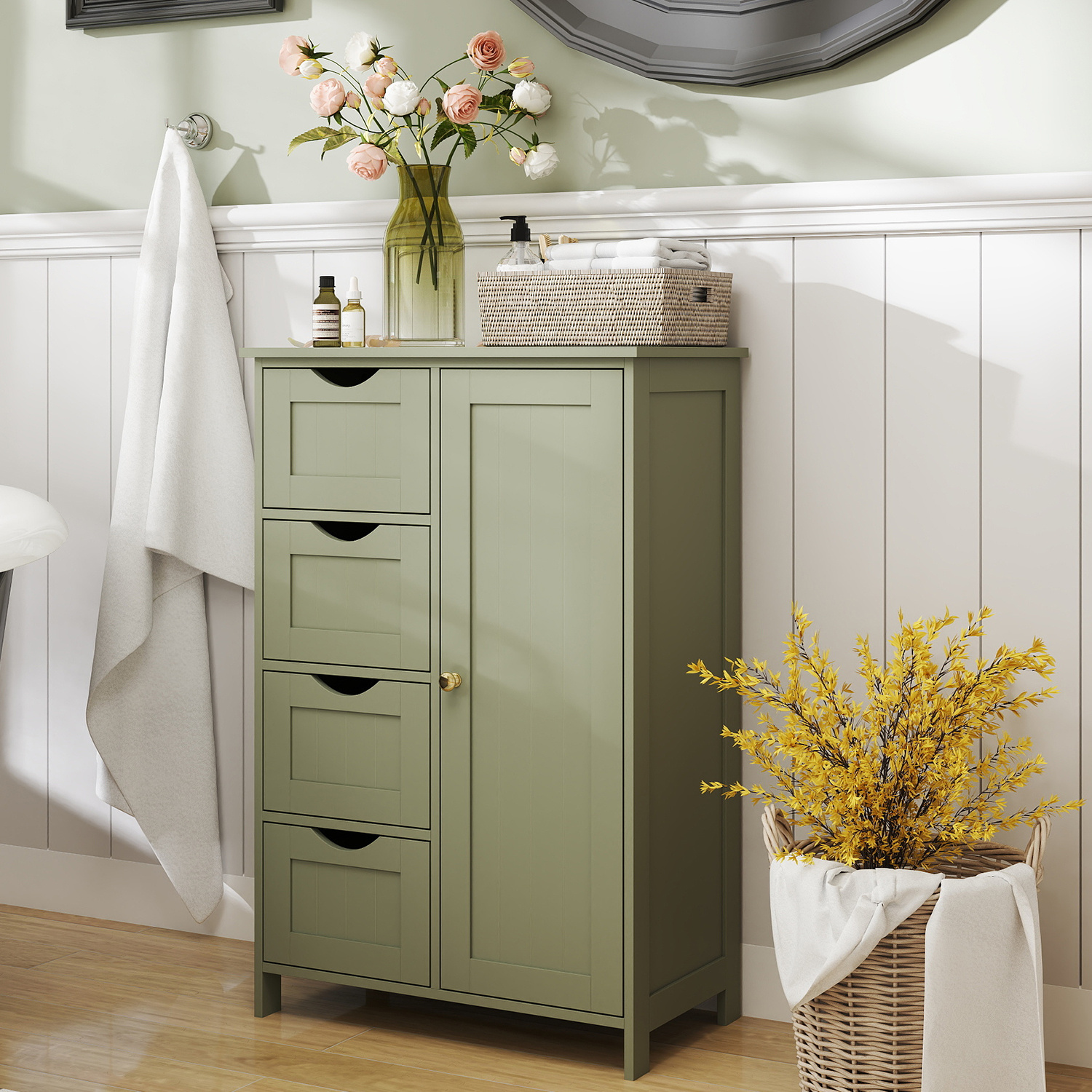 TEMU Mobile da Bagno, Salvaspazio, Mobiletto da Bagno con 4 Cassetti, Armadio con Anta, Ripiano Regolabile, 30 x 55 x 82 cm