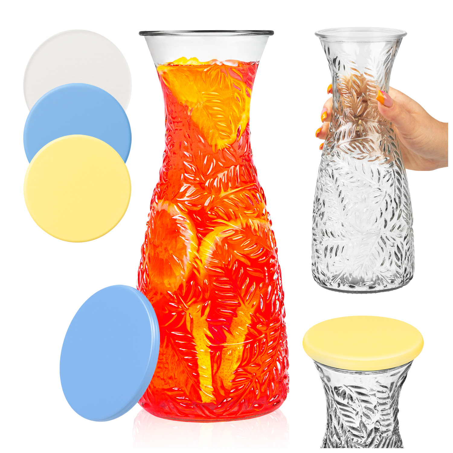 Glazen Karaf LIŚCIE 1 L voor Water, , Lemonade, Likeuren, Punch met Embossing voor Serveren in Keuken Restaurants.