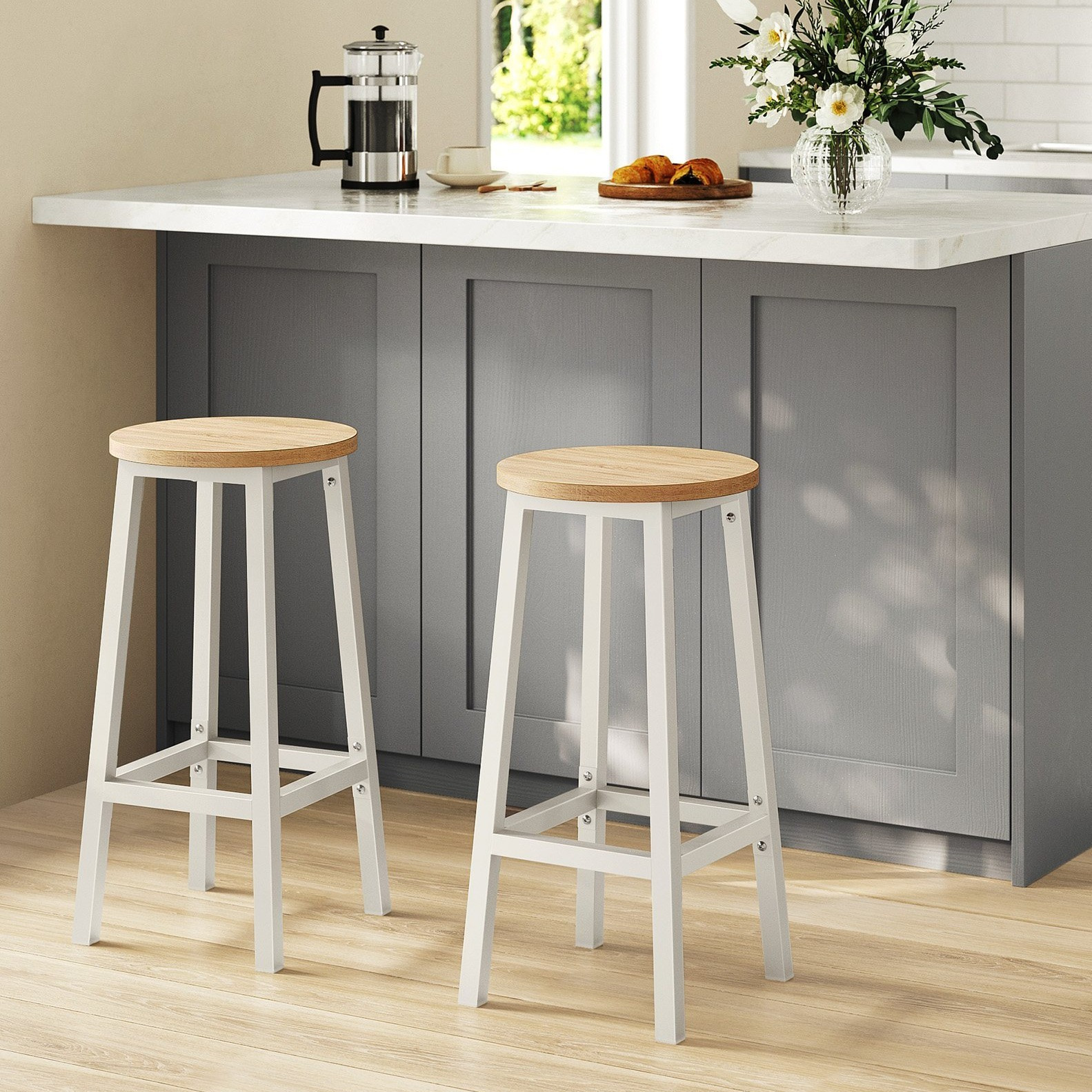 Image of Bar Stool Set Of 2, 65 Cm High Kitchen Chairs With Metal Frame, Footrest Included, For Kitchen, Living Room, Dining Room, Oak Beige-white