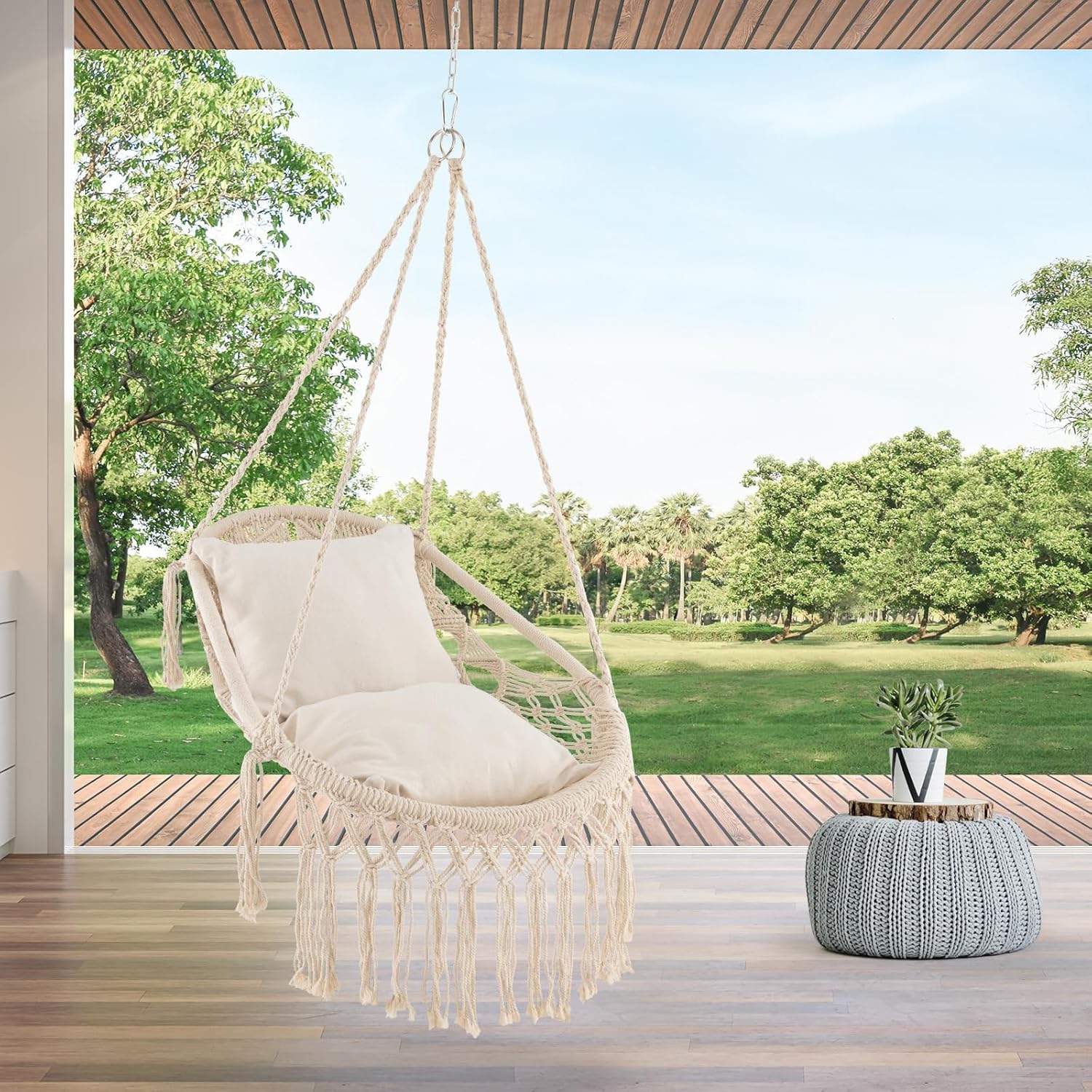 Image of Indoor Outdoor Macrame Swing, Hanging Hammock Chair W/ Soft Seat Cushions, Sturdy Hanging Rope & Chain, Porch Swing Chair For Bedroom, Patio, Backyard, Max 330 Lbs