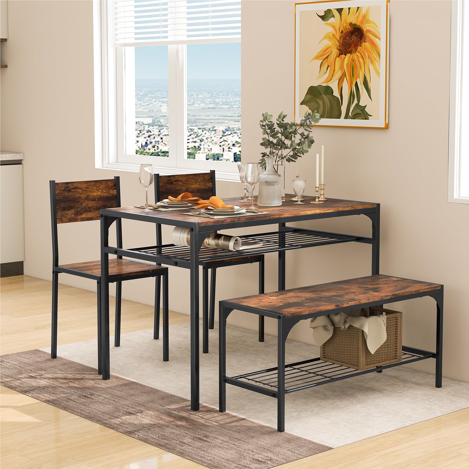 Dining Table Set 4-piece, Kitchen Table With 2 Chairs & 1 Bench & Shelf, Industrial Dining Group, Dining Table With Metal Frame, Bar Table Set For Kitchen & Dining Room (coffee)